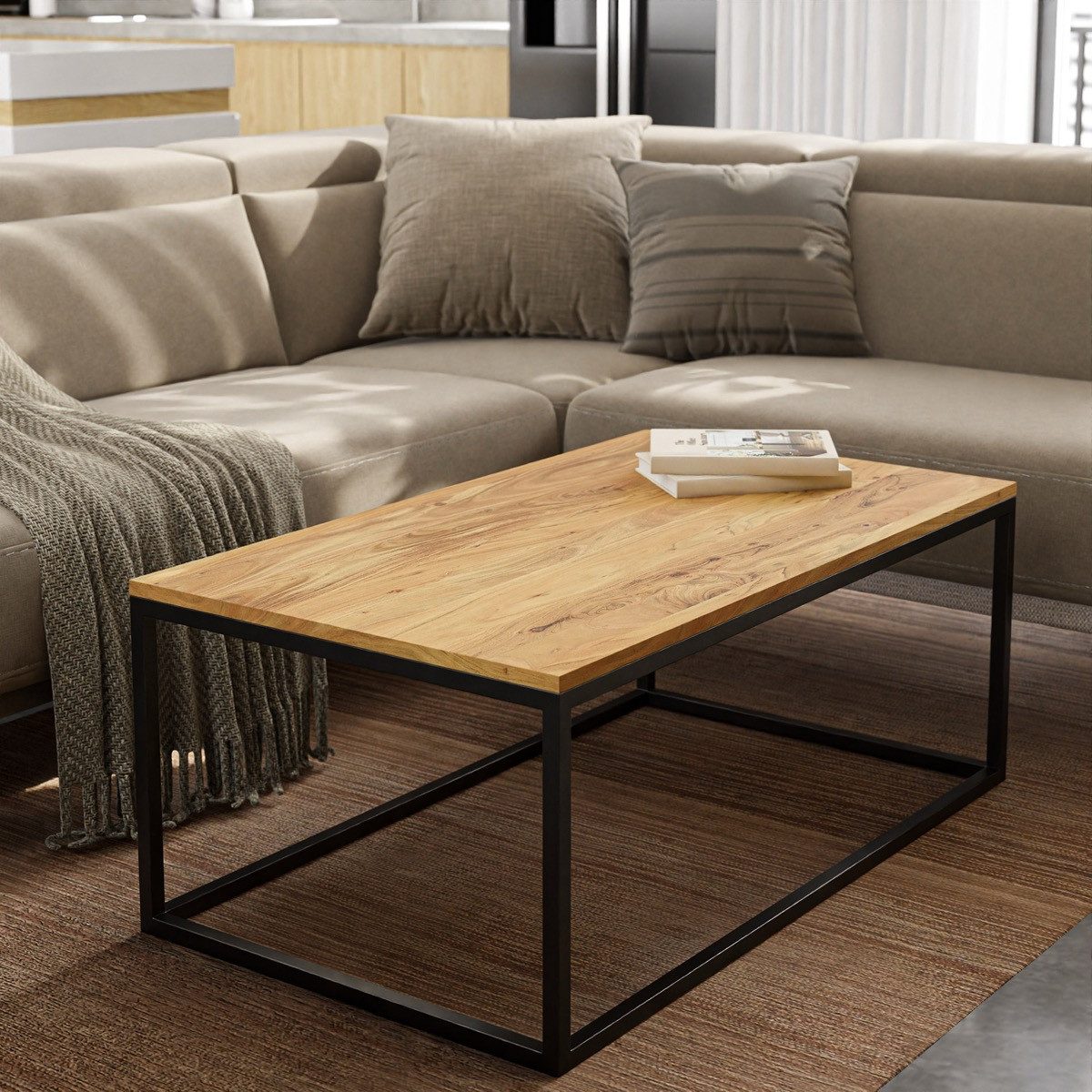 Liadomo Couchtisch Granada, Wohnzimmertisch, Sofatisch, Massivholztisch, Akazie Natur, Metallgestell schwarz, rechteckig, vormontiert