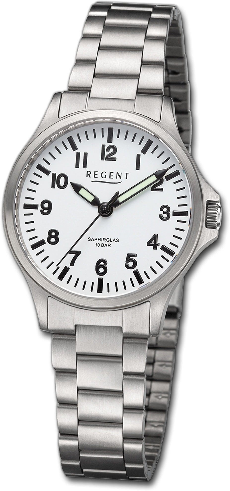 Regent Quarzuhr Regent Damen Armbanduhr Analog, Damenuhr Metallarmband silber, rundes Gehäuse, extra groß (ca. 32mm)