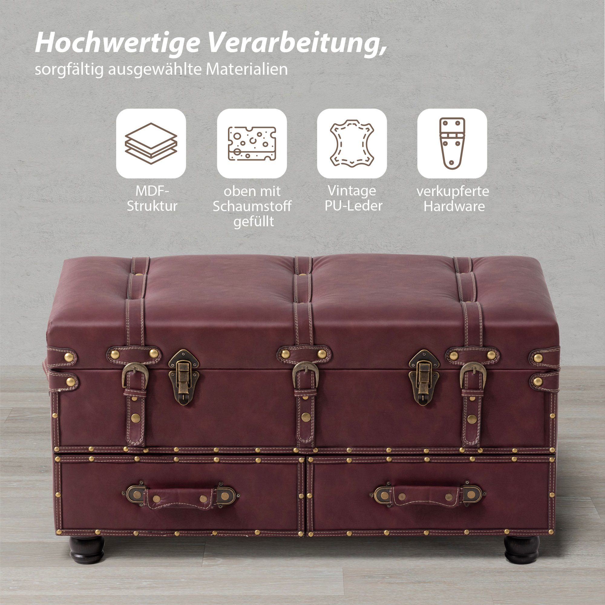 HomeGuru Bettbank Vintage-Stil Retro-Box Couchtisch, (1-St) Hocker, Rot Nachttisch-Box Sitzbank