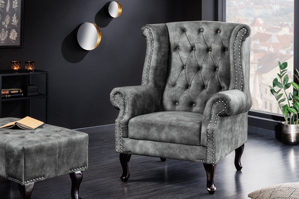 riess-ambiente Ohrensessel CHESTERFIELD 105cm grau / günstig online kaufen
