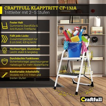 Craftfull Trittleiter Leiter CF-132A - 3 J. Garantie - 2-5 Stufen - Eisen (150 kg Traglast - Eisen Stehleiter bis 150 kg - Doppelleiter - Klapptritt - Sicherheitsleiter - Multifunktionsleiter - Vielzweckleiter - Mehrzweckleiter, 1-St., extra großer Trittfläche, Anti-Rutsch, Sicherheitsbügel), Haushaltsleiter Klappleiter Arbeitsleiter Arbeitsbühne klappbar