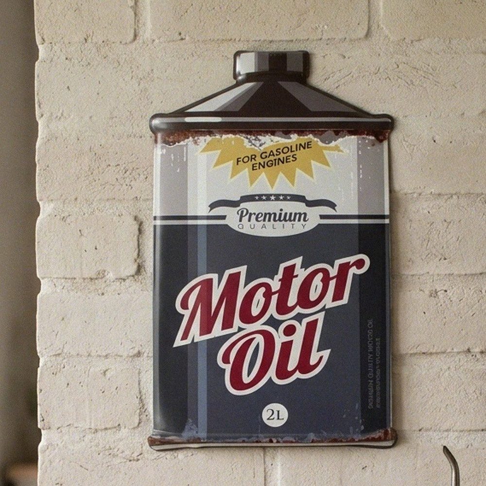 Antikas Wanddekoobjekt Wandschild Motor Oil aus wertigem Metallblech im Vintage-Stil, H.30 cm