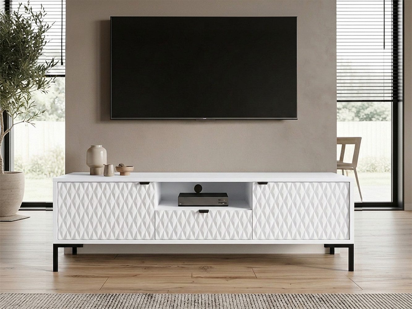 Beautysofa TV-Schrank MONTREAL 150 cm Lowboard mit 2 Türen, 1 Schublade und offenem Fach (Metallfüße, Weiß oder Kaschmir, Fernsehschrank mit dekorative 3D-Fronten) Breite: 150 cm