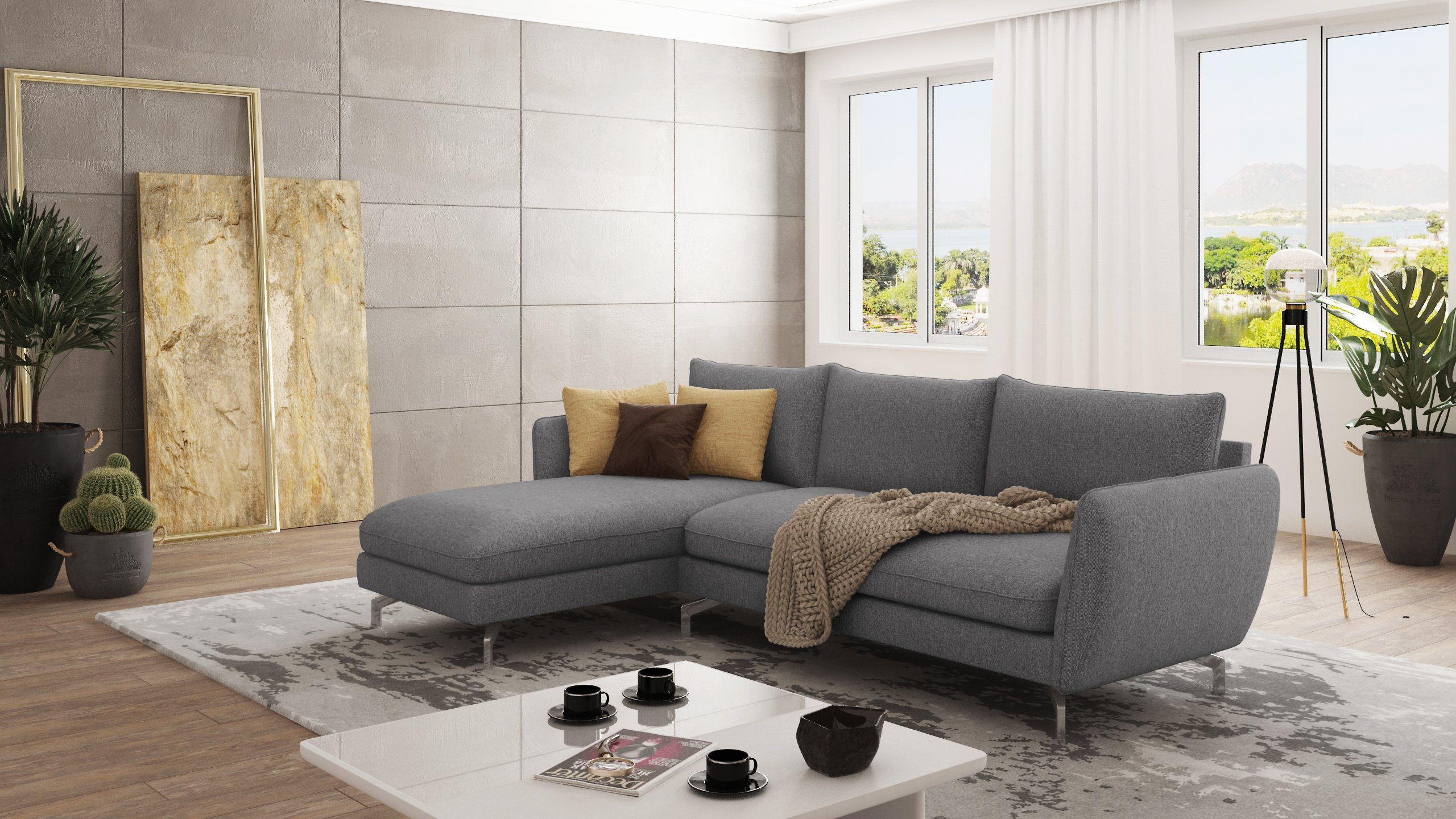 S-Style Möbel Ecksofa Modernes mit mane Benita mit Silber Metall Füßen, mane links oder rechts bestellbar, mit Wellenfederung Grau