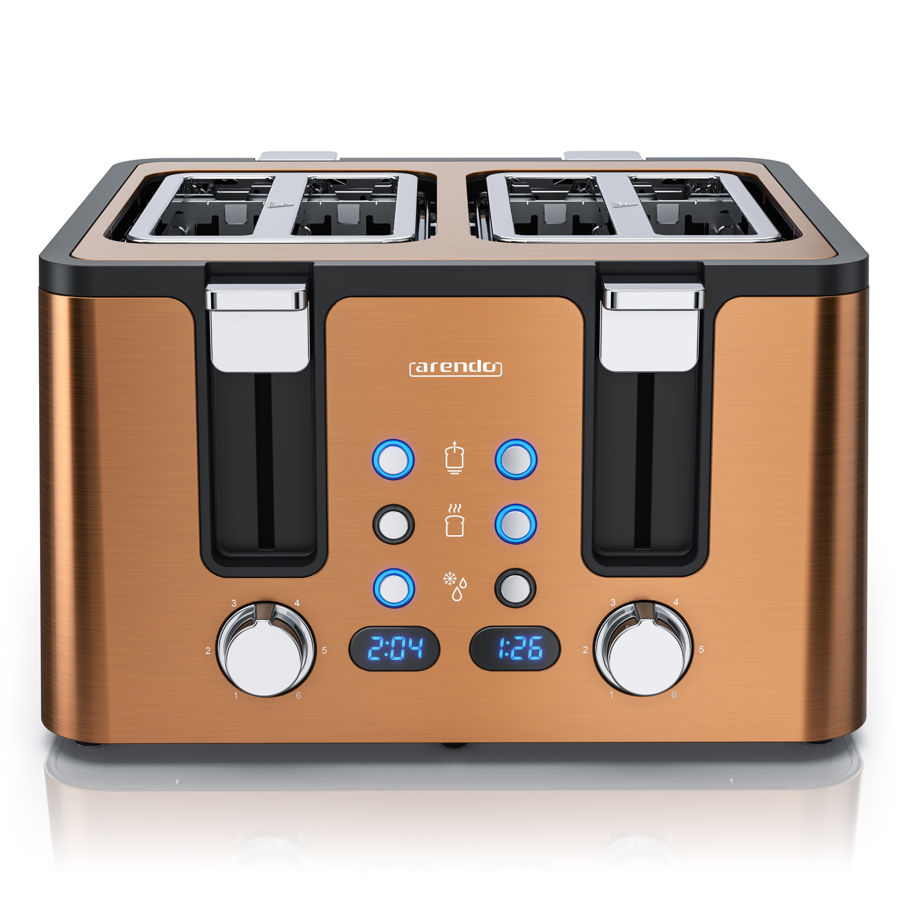 Arendo Toaster Edelstahl, Brötchenaufsatz, Restzeitanzeige, Kupfer, 4 Scheiben, 4 kurze Schlitze, für 4 Scheiben, 1750 W, Doppelwandgehäuse, Defrost Funktion, Krümelschublade, 6 Bräunungsgrade