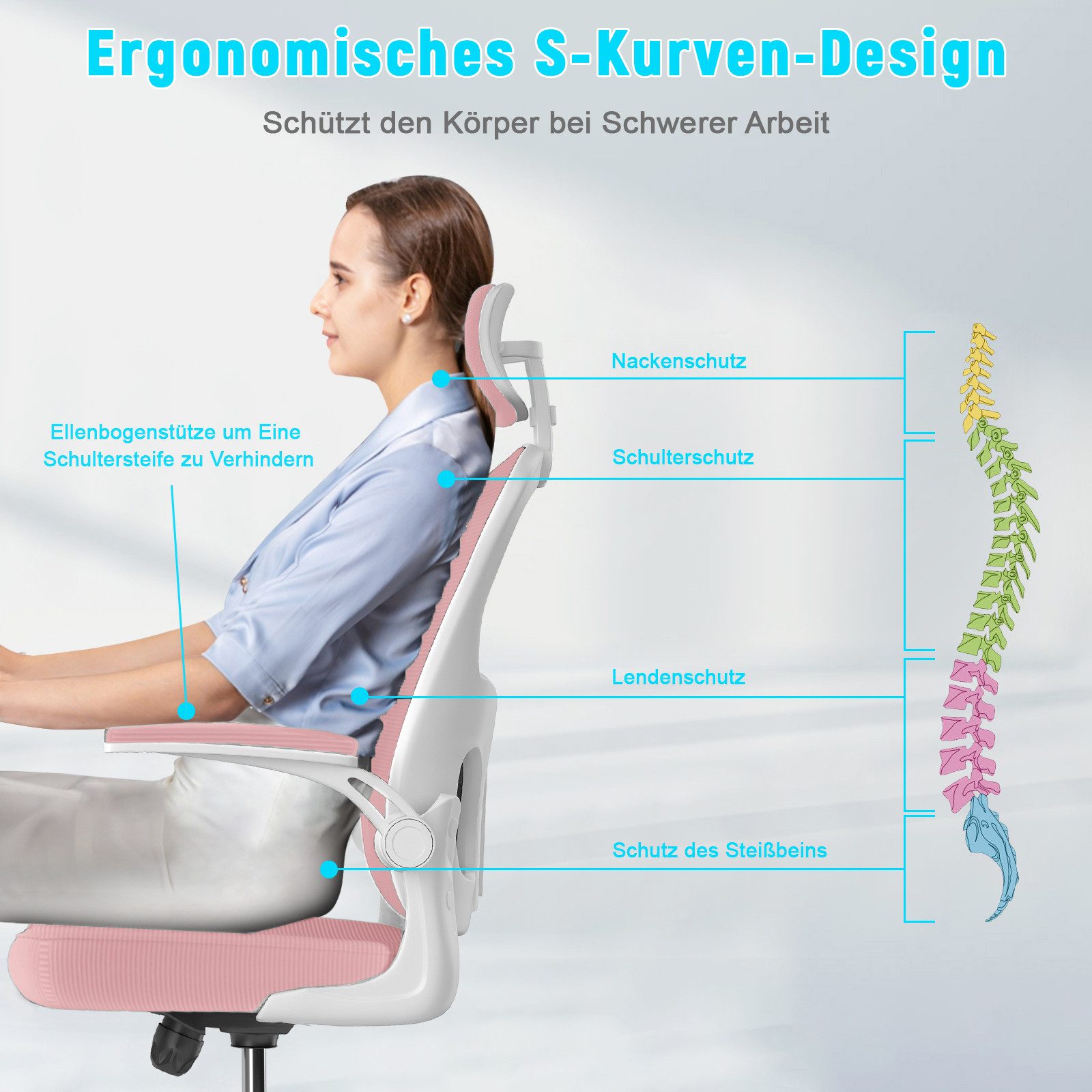ZAISZE Bürostuhl Bürostuhl Ergonomisch, Schreibtischstuhl mit Kopfstütze, Verstellbare Armlehnen, Lendenstütze & atmungsaktive Rückenlehne
