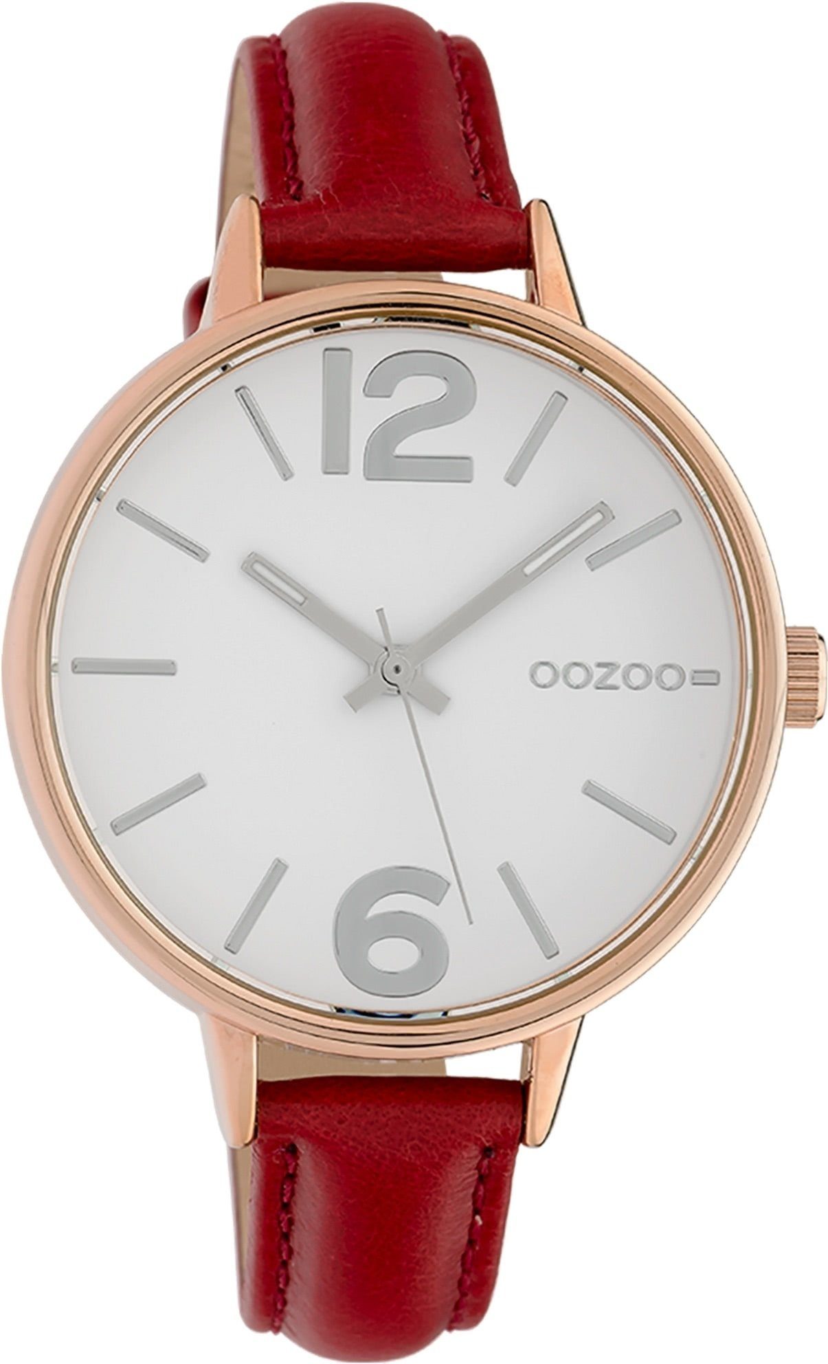 OOZOO Quarzuhr Oozoo Damen Armbanduhr OOZOO Timepieces, Damenuhr rund, groß (ca. 42mm), Lederarmband rot, Fashion | Quarzuhren