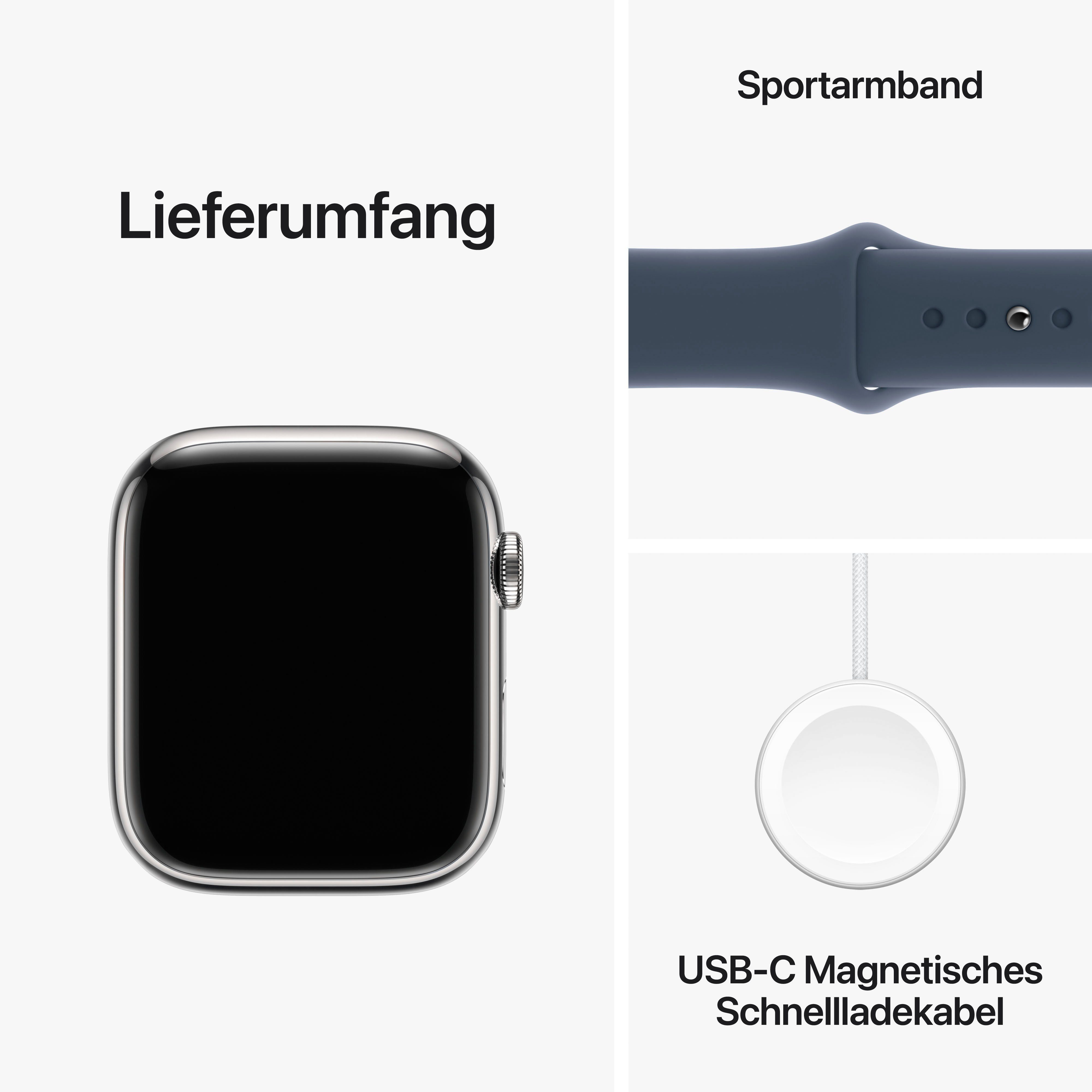 Apple Watch Series 9 GPS (4,5 OS M/L Stainless Band 45mm Watch Blau Silber | Steel Cellular Sport cm/1,77 10), + Zoll, Smartwatch Storm