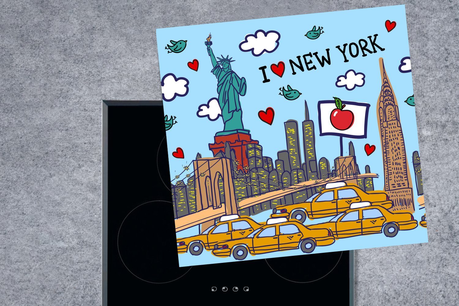 MuchoWow Herdblende-/Abdeckplatte New York - Brücke, Zeichnung tlg), für Arbeitsplatte küche 78x78 Vinyl, Ceranfeldabdeckung, cm, - (1