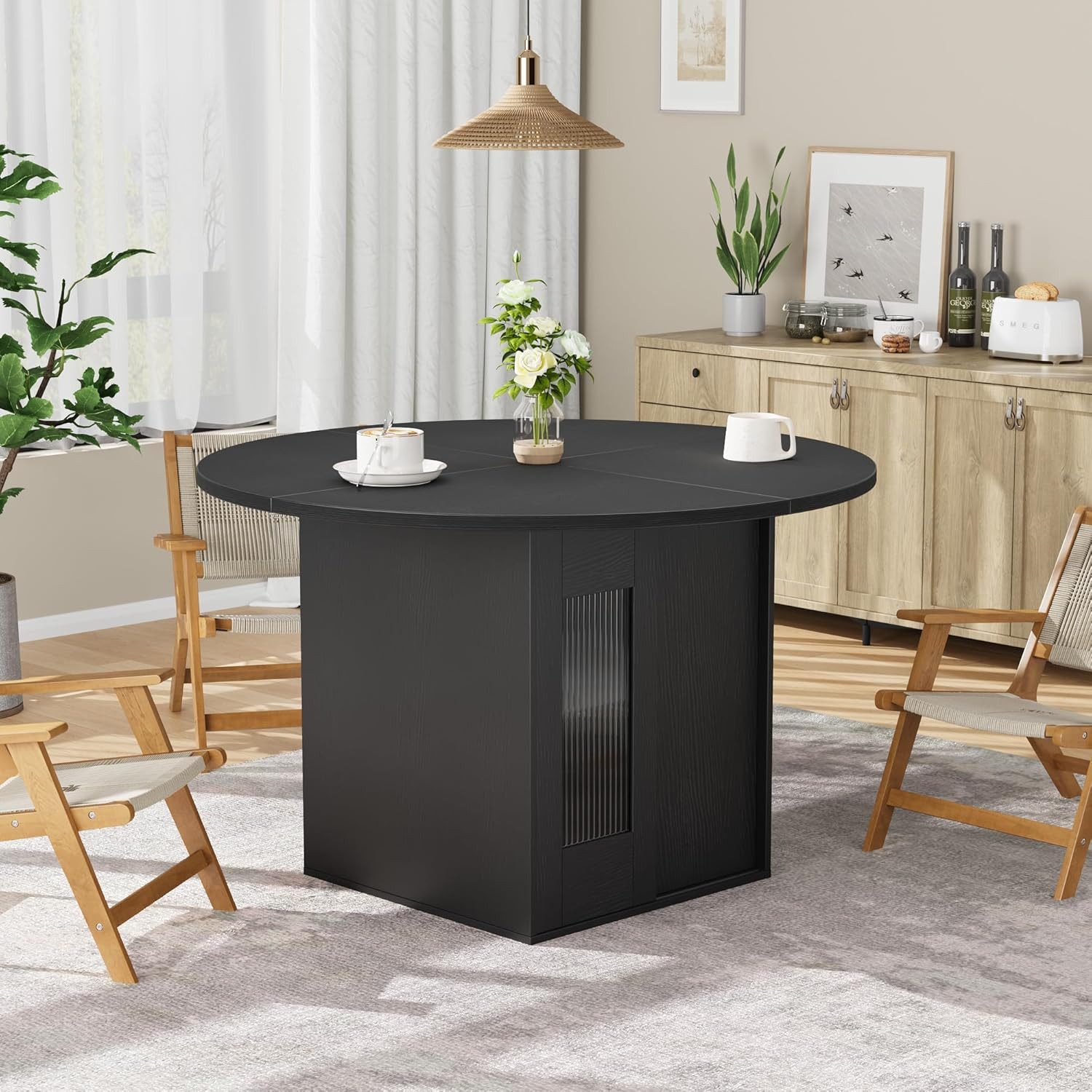 GarveeMore Esstisch Runder Küchentisch mit Stauraum Platz für 4–6 Personen Wohnzimmertisch (1-St), 2-stufiges Regal und Schiebetür für Esszimmer, Küche oder Wohnzimmer