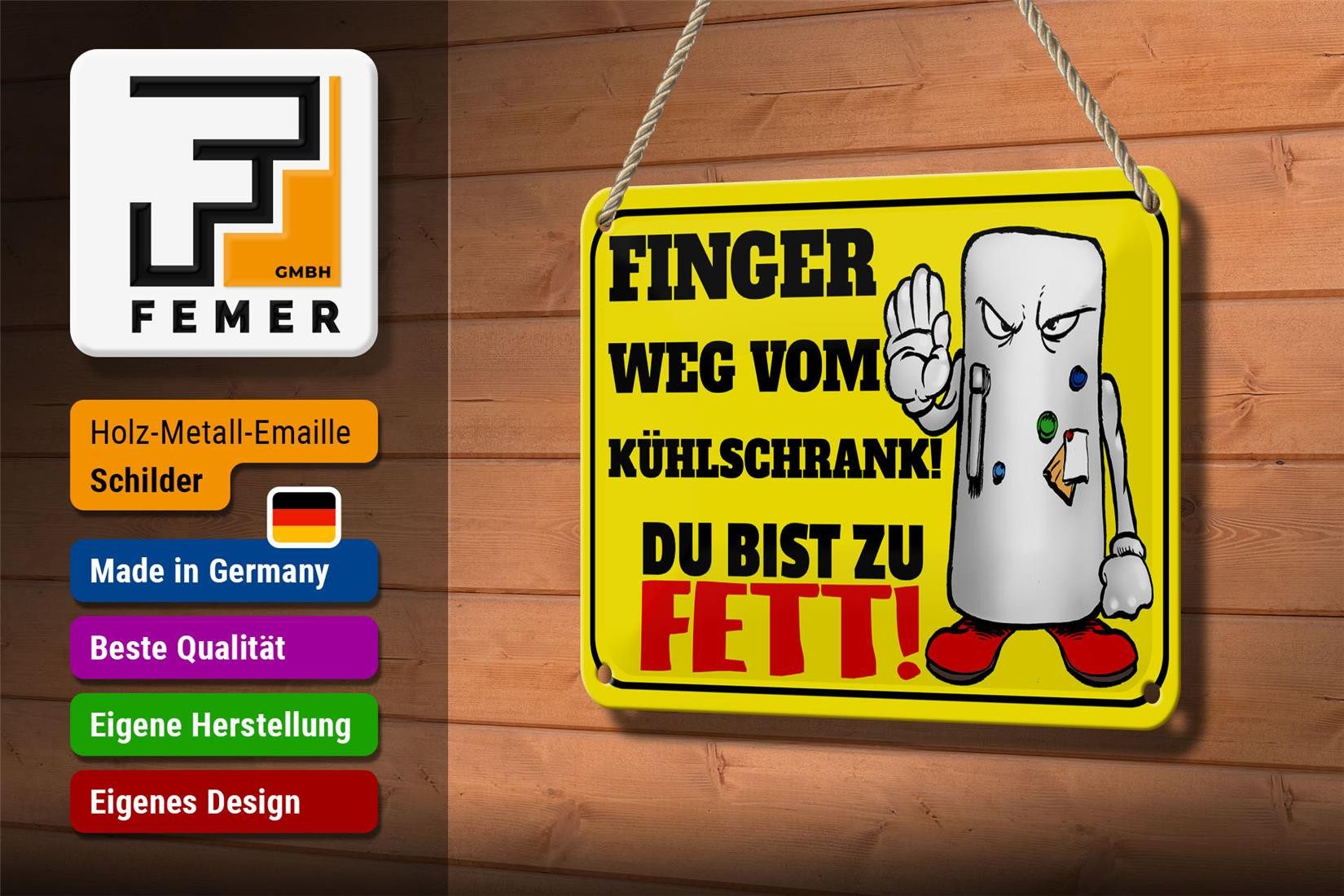 Femer GmbH Metallschild Spruch 12x18cm Finger weg vom Kühlschrank du, (1 St), gewölbte Oberfläche, abgerundete Ecken, umgeschlagene Kanten