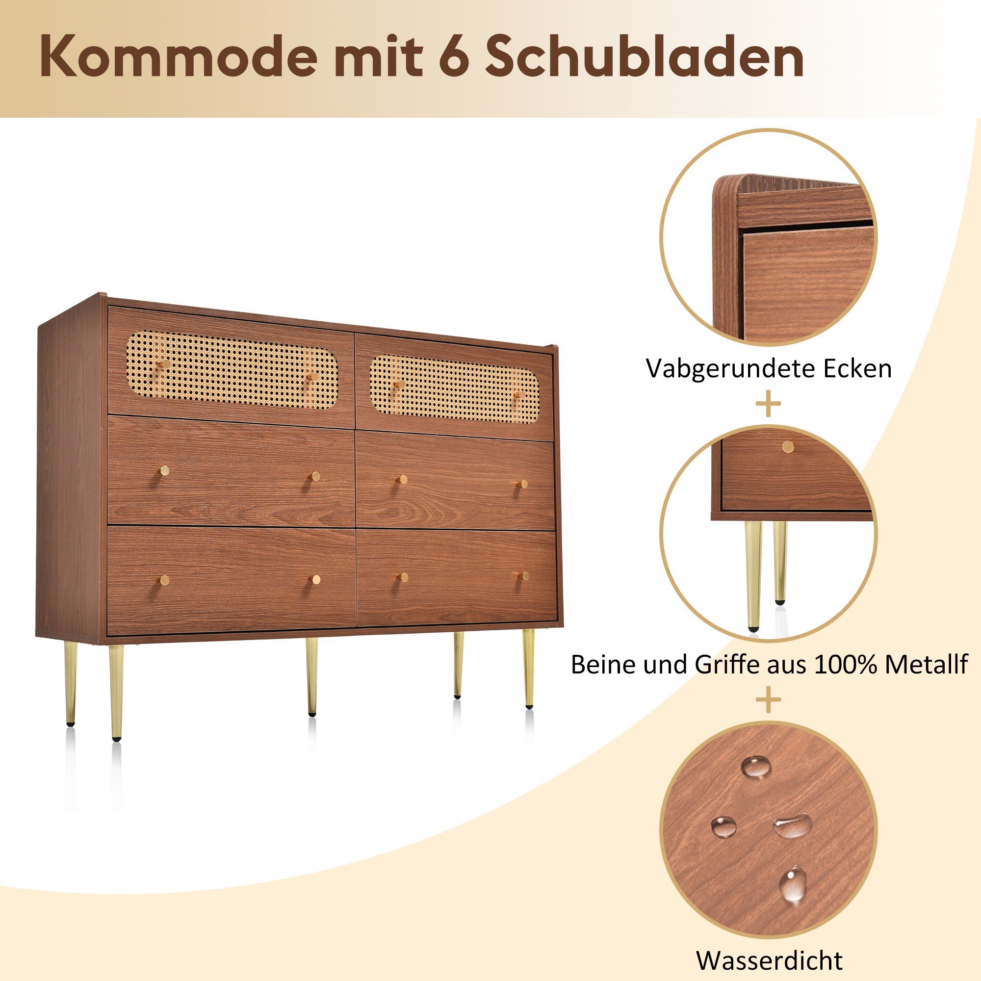 Kommode (Schubladenkommode), Sideboard mit 6 Schubladen, Rattan, Metallgriffe, 120x40x90cm