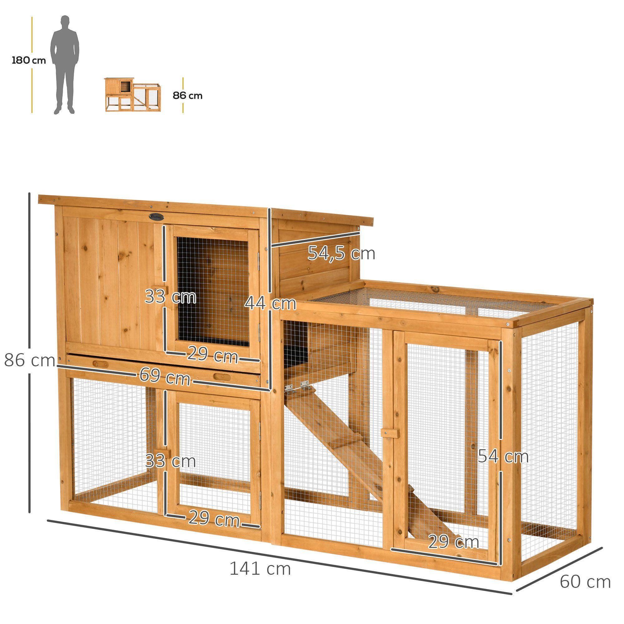 PawHut Kleintierstall Kaninchenstall Hasenstall aus Holz auf Zwei Etagen mit Rampe, für Garten, Orange