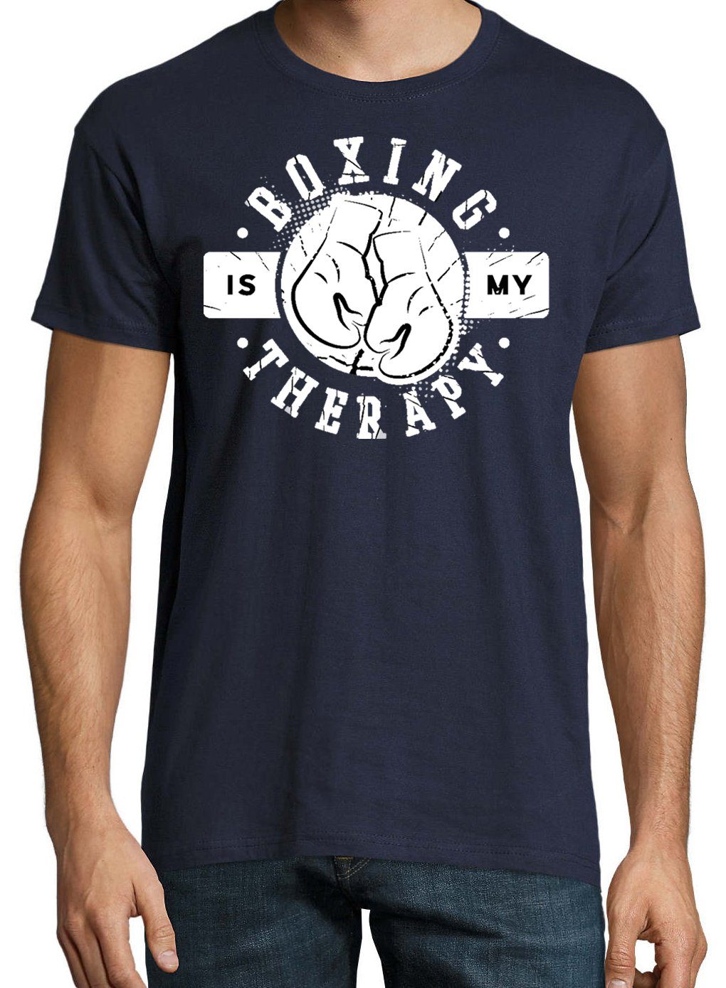 mit Frontprint Navyblau Herren trendigem Boxen Youth Designz T-Shirt Shirt Is Therapie My