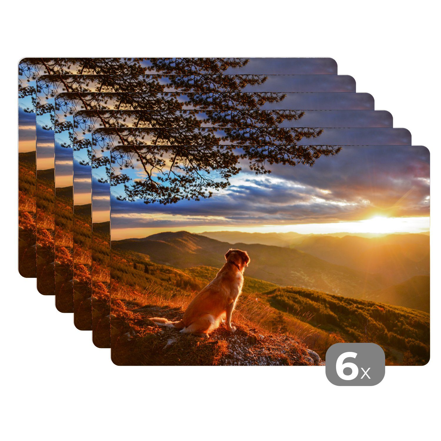 Platzset, Ein Golden Retriever beobachtet den Sonnenuntergang, MuchoWow, (6-St), Platzset, Platzdecken, Platzmatte, Tischmatten, Schmutzabweisend