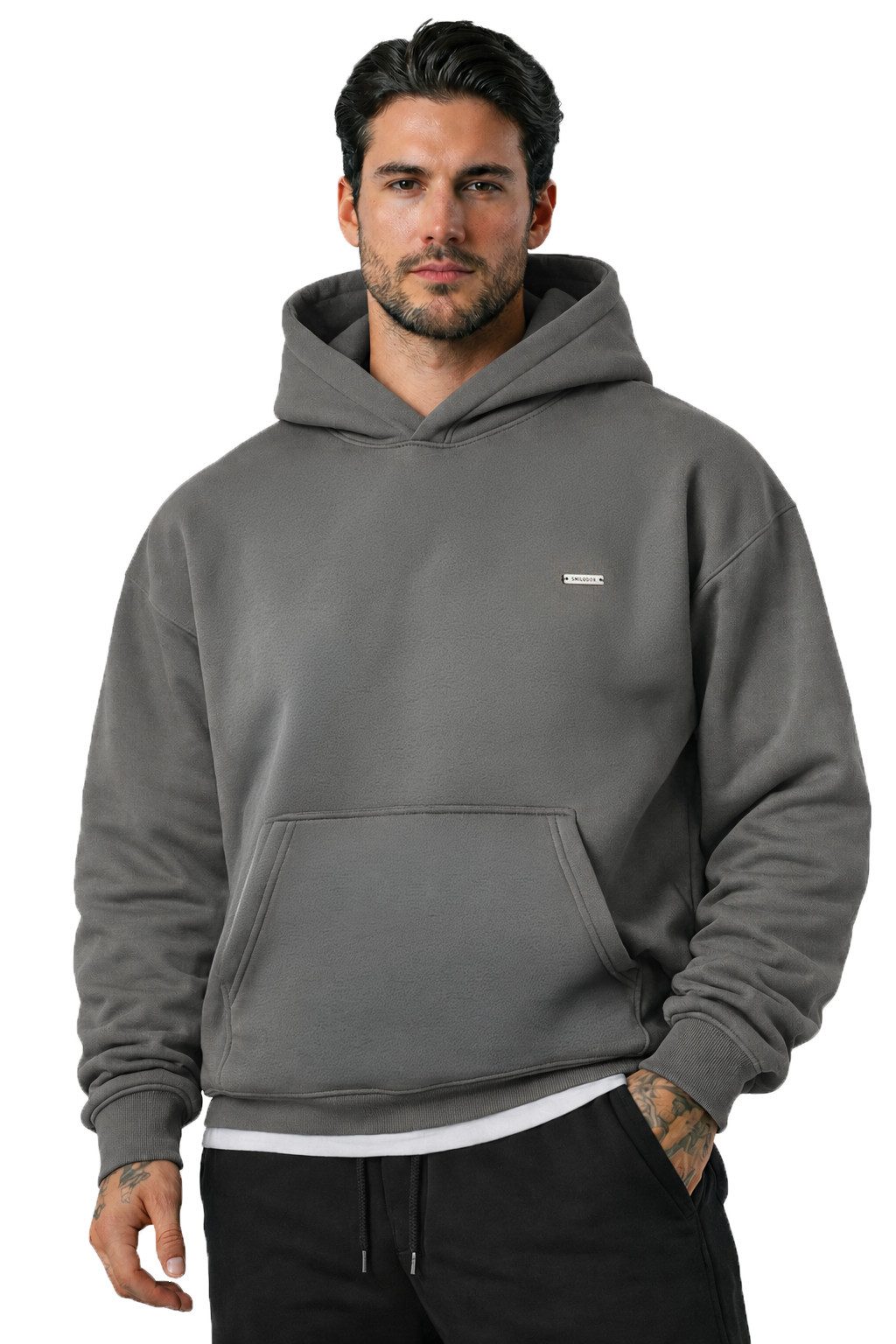 Smilodox Hoodie Dawson, Hochwertiger Kapuzenpullover im Oversize Fit, Sweatshirt Sweater Lässig Kängerutasche Metallabel hoher Baumwollanteil