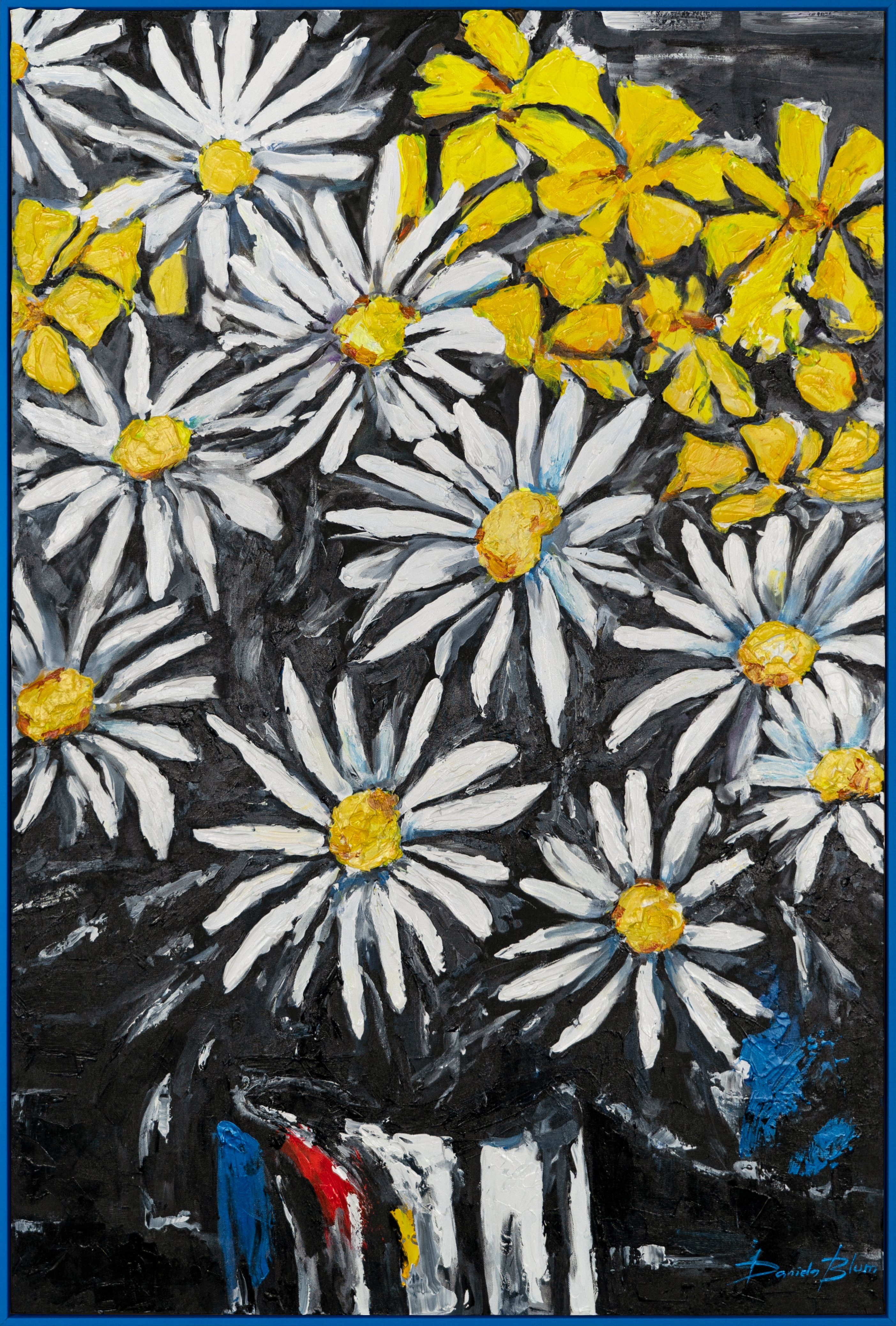 YS-Art Gemälde Schneeweiße Margeriten, Blumen Mit Rahmen in Blau