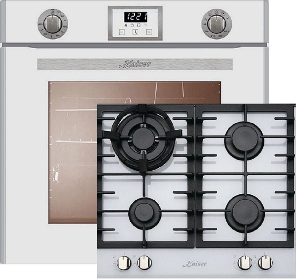 Kaiser Küchengeräte Gasherd-Set EG 6374 W + KCG 6380 W, mit 1-fach-Teleskopauszug, Einbau Gasbackofen 60cm in Weiß/Gas Backofen/Gas-Kochfeld 60 cm