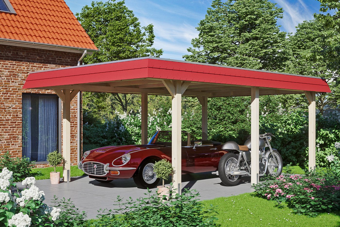 Thumbnail - Skanholz Einzelcarport Wendland, BxT: 409x628 cm, 210 cm Einfahrtshöhe, mit Aluminiumdach, rote Blende