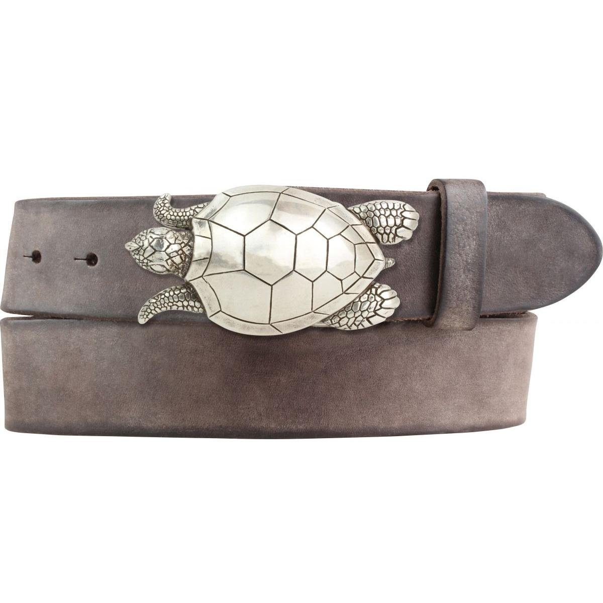 BELTINGER Ledergürtel Gürtel mit Schildkröte-Gürtelschnalle aus weichem Vollrindleder 4 cm U Braun, Silber