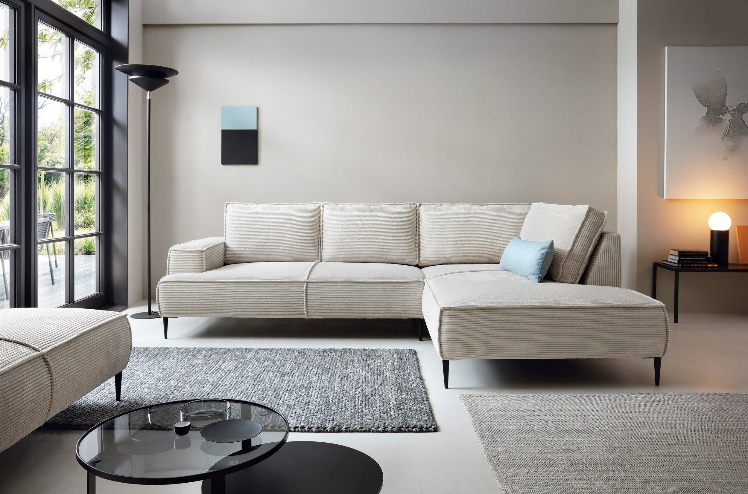 Goldstoff Ecksofa Cord VESPA L Beige – großes Wohnlandschaft Sofa L-Form, Großzügige Sitzfläche