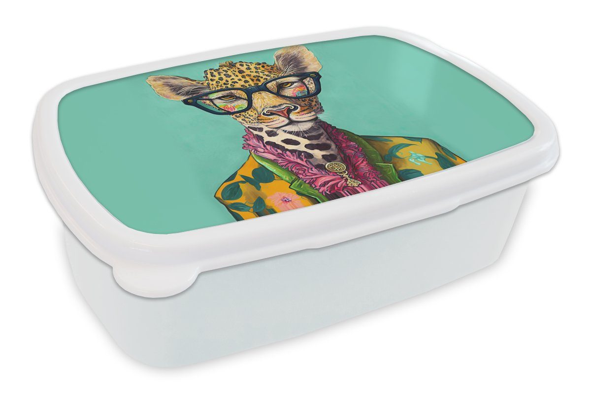 MuchoWow Lunchbox Blätter - Brille - Giraffe - Tiere - Design, Kunststoff, (2-tlg), Brotbox für Kinder und Erwachsene, Brotdose, für Jungs und Mädchen weiß