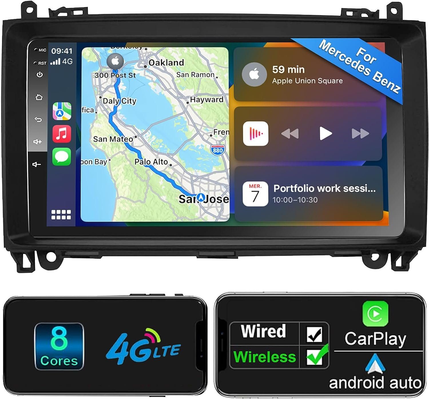 GABITECH 9 zoll Android Autoradio für Mercedes A B Sprinter Vito Viano Crafter Autoradio (FM / AM-Radio, RDS, DAB+ Optional, Kabellos Apple Carplay und Android Auto, Sprachsteuerung)