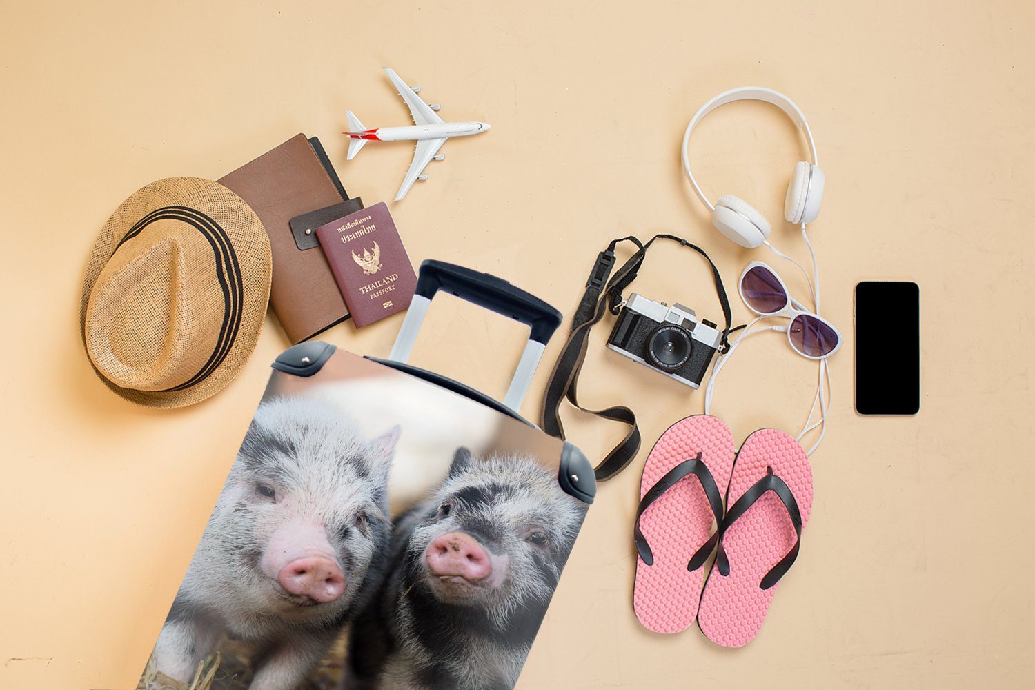 mit Handgepäck - Schwein Rollen, rollen, Trolley, Ferkel, - für Ferien, Reisetasche Reisekoffer Handgepäckkoffer Tiere MuchoWow 4