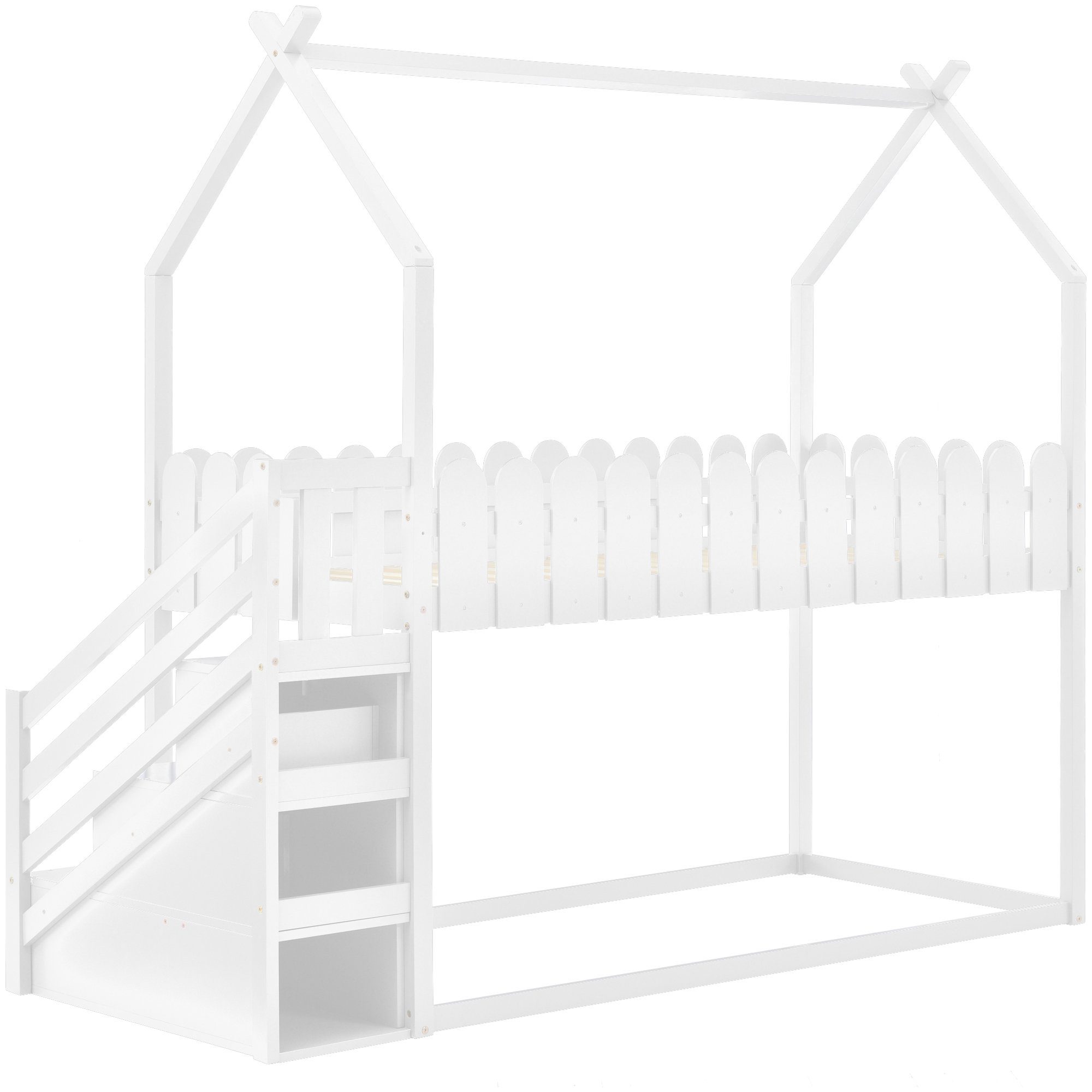 Merax Etagenbett 90x200cm mit Rausfallschutz Kinderbett Massivholz, Weiß aus Zaunform (3-St), Liegeflächen zwei Treppe, und Lattenrost, 2 Hochbett in mit Schubladen