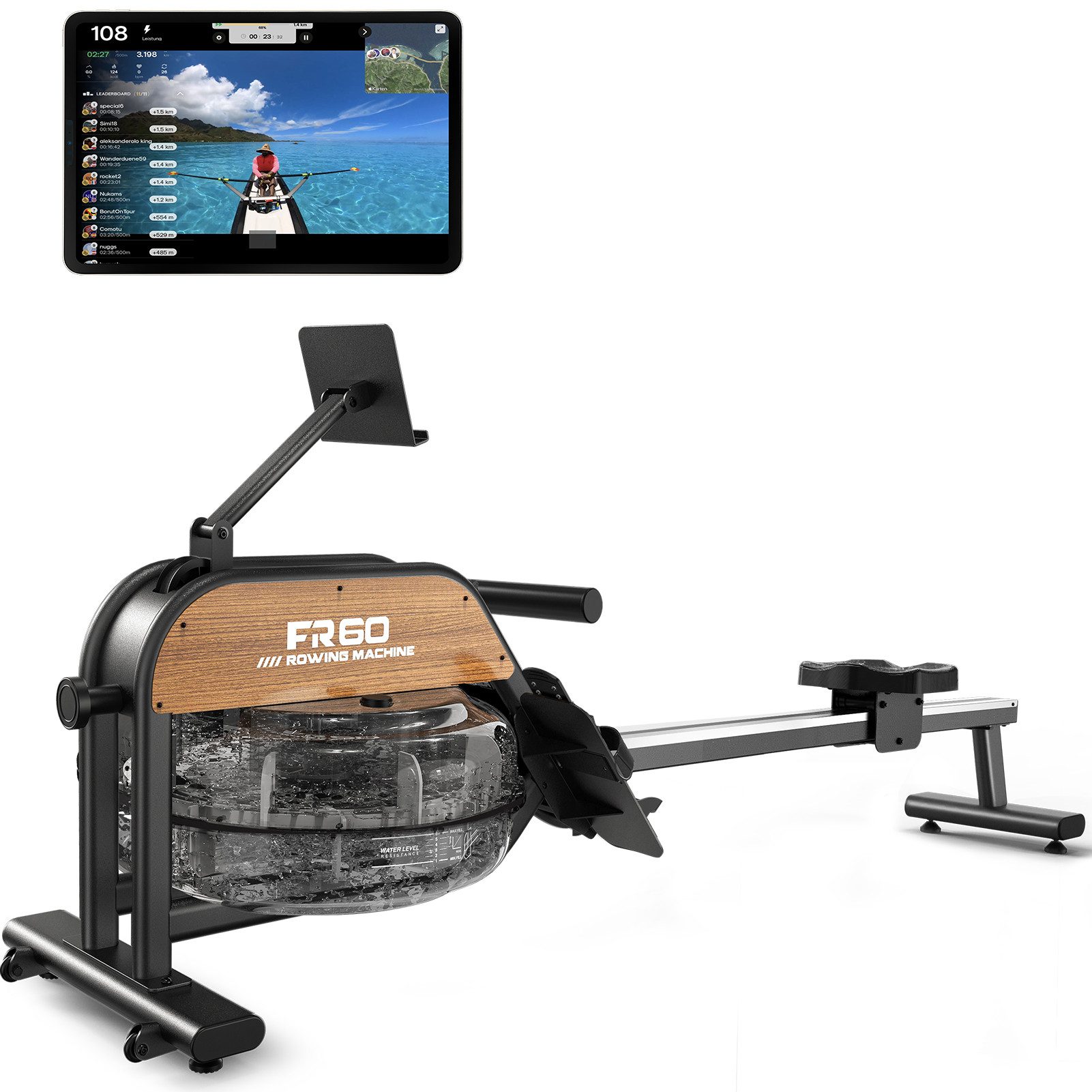 VOWVIT Rudergerät Rudergerät mit 28-Liter-Tank, mit LED-Bluetooth-Display, und verstellbarem Tablet-Halter, max. Benutzergröße 200 cm