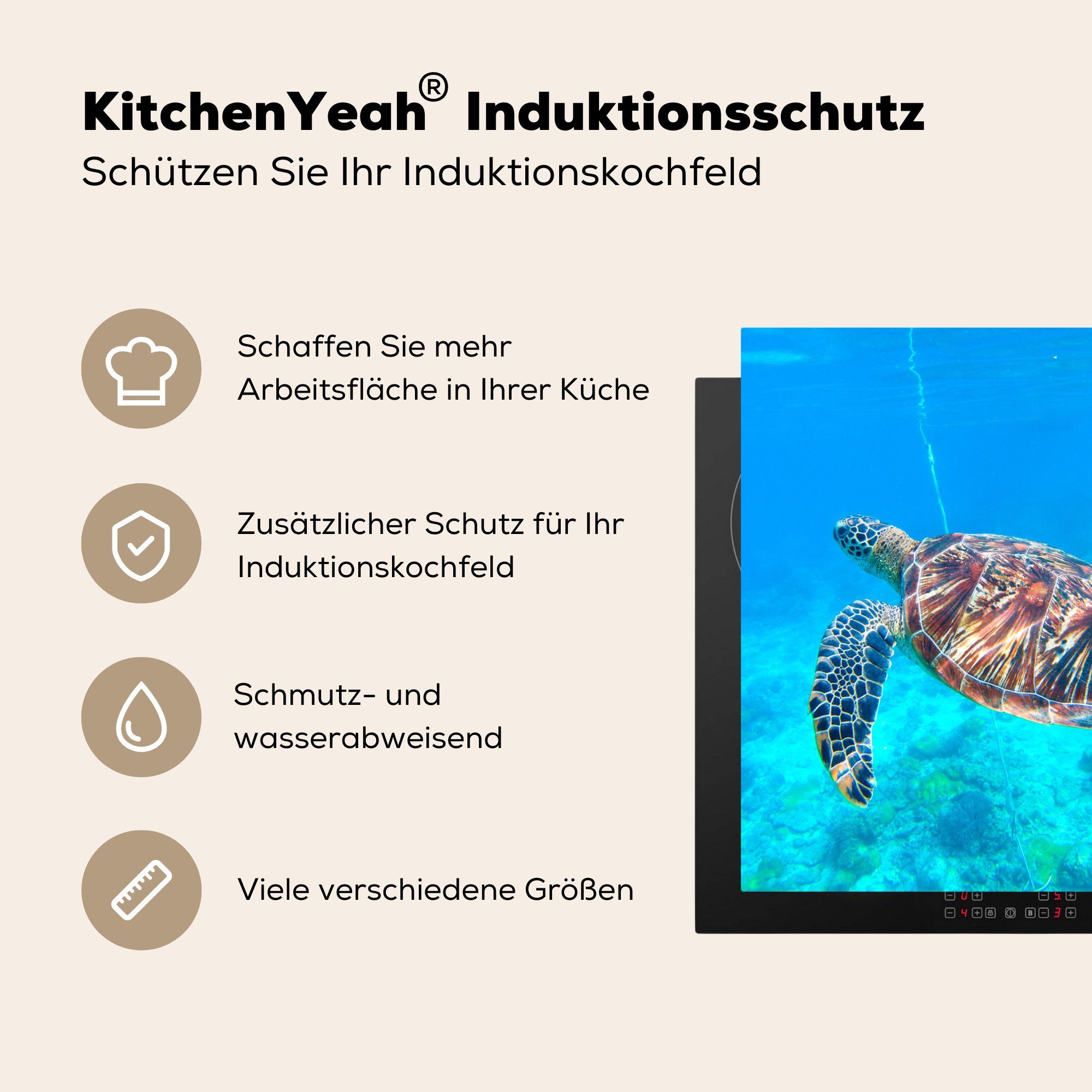 (1 Ceranfeldabdeckung, - MuchoWow 78x78 küche Herdblende-/Abdeckplatte - tlg), cm, Wasser, für Vinyl, Arbeitsplatte Schildkröte Meer