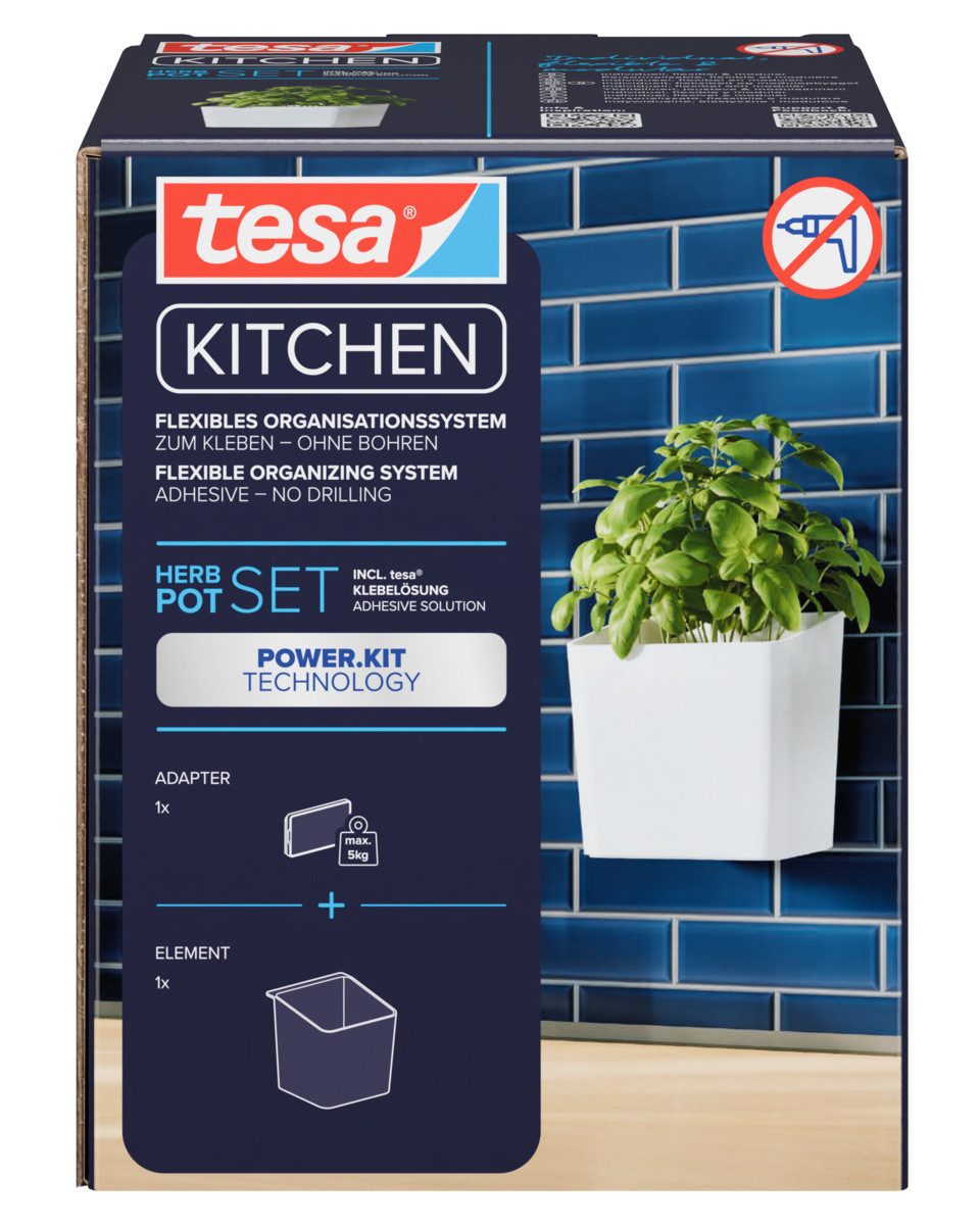 tesa Kräutertopf tesa Küchenzubehör Kräutertopf - selbstklebender Küchen-Pflanzentopf (Komplett-Set, 2 St., Pflanzentopf, Montageadapter, tesa Power.Kit Klebelösung, Wasserwaage), Wandhalterung für frische Kräuter in der Küche, Montage ohne Bohren