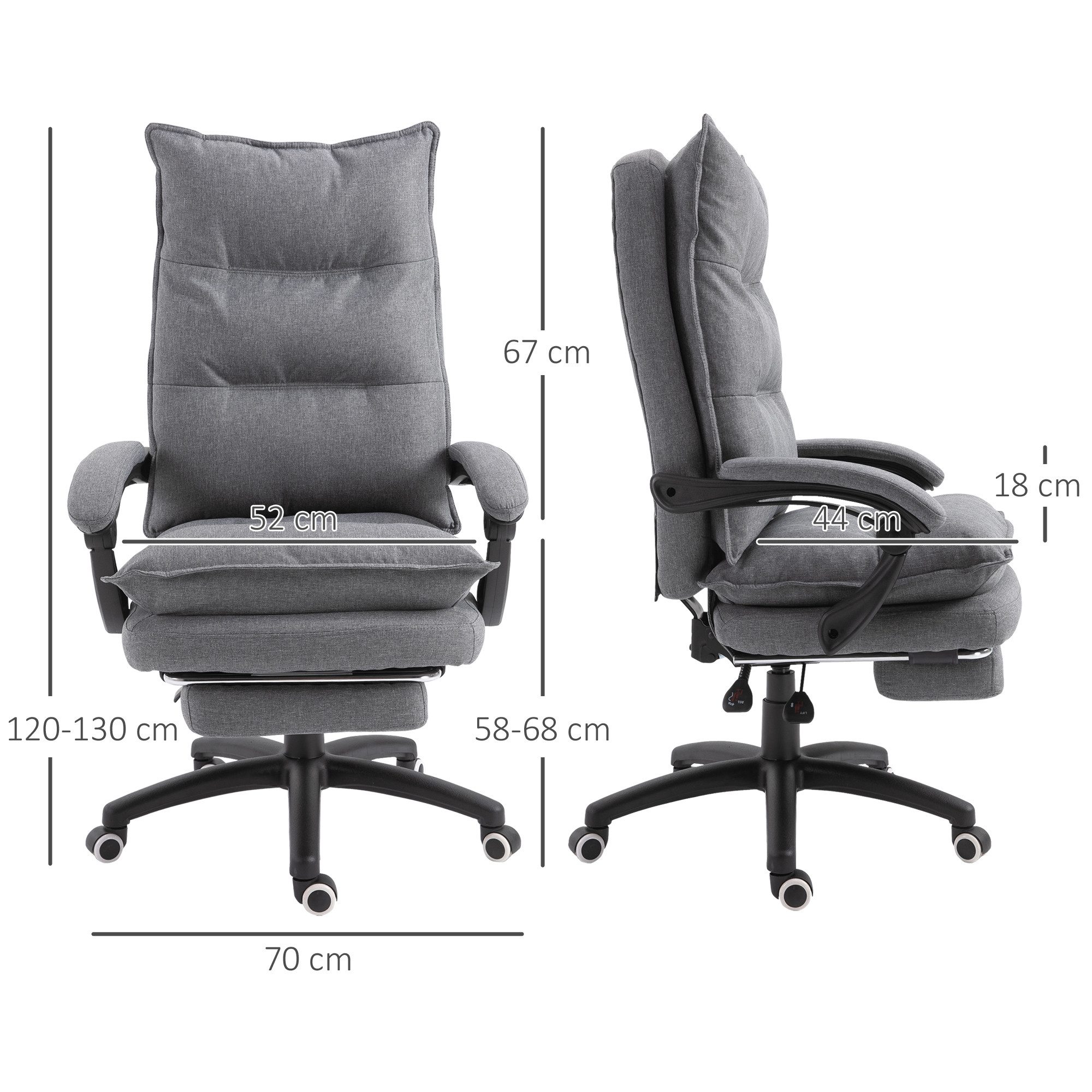 Vinsetto Schreibtischstuhl Chefsessel mit Liegefunktion, höhenverstellbarer Computerstuhl (Bürostuhl, 1 St), für Büro, Grau – Bild 3 von 5