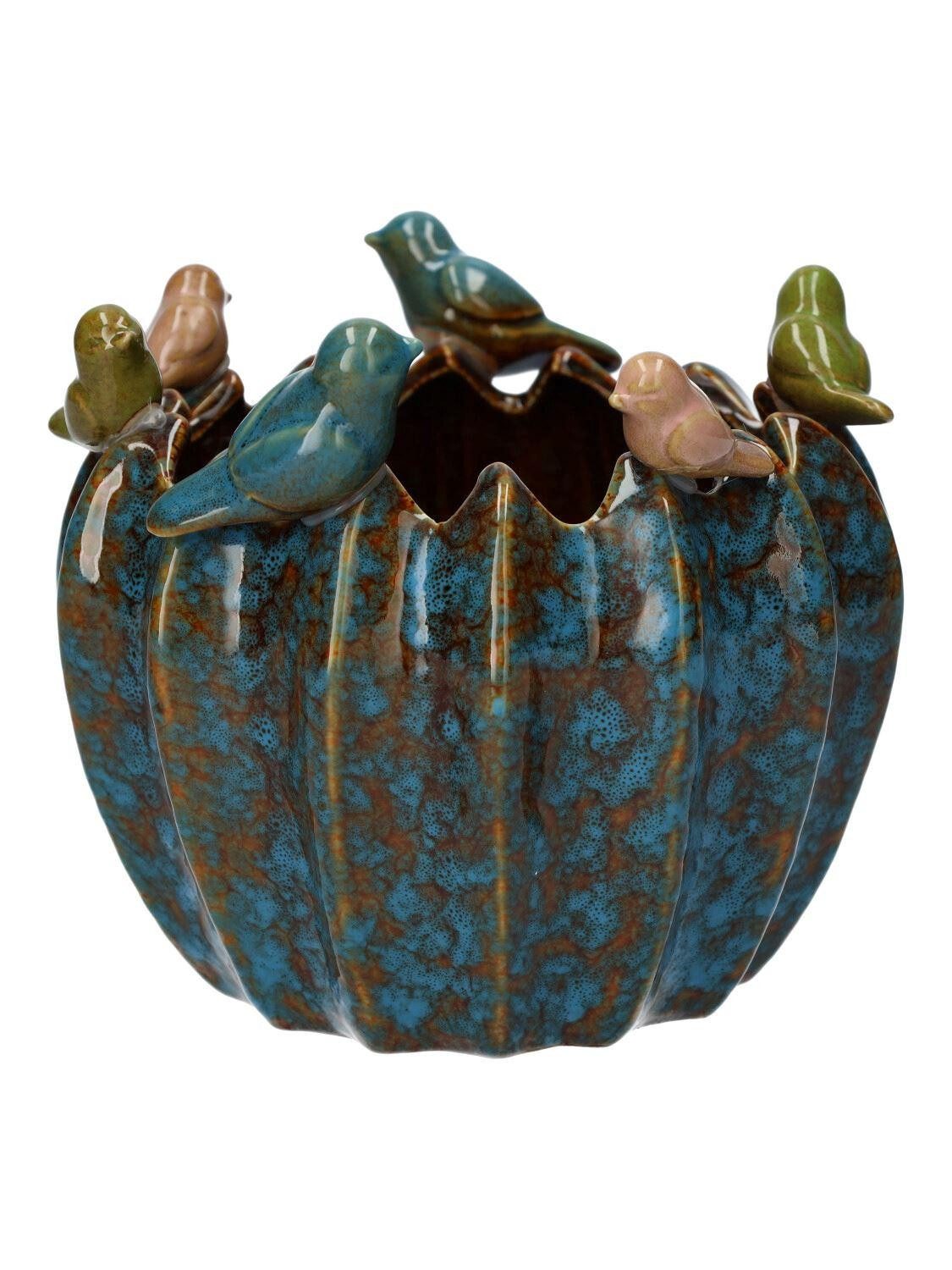INNA-Glas Blumentopf Übertopf TARINO aus Keramik, mit 3D Vögeln, blau-braun-grü