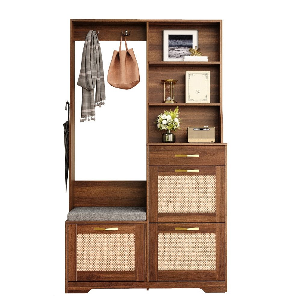 BBG Garderobenschrank Garderobenschrank mit Sitzbank, Flurgarderobe mit Schuhschrank 3 Schuhklappen, Fronten in Rattan-Optik, Kleiderhaken und Schublade