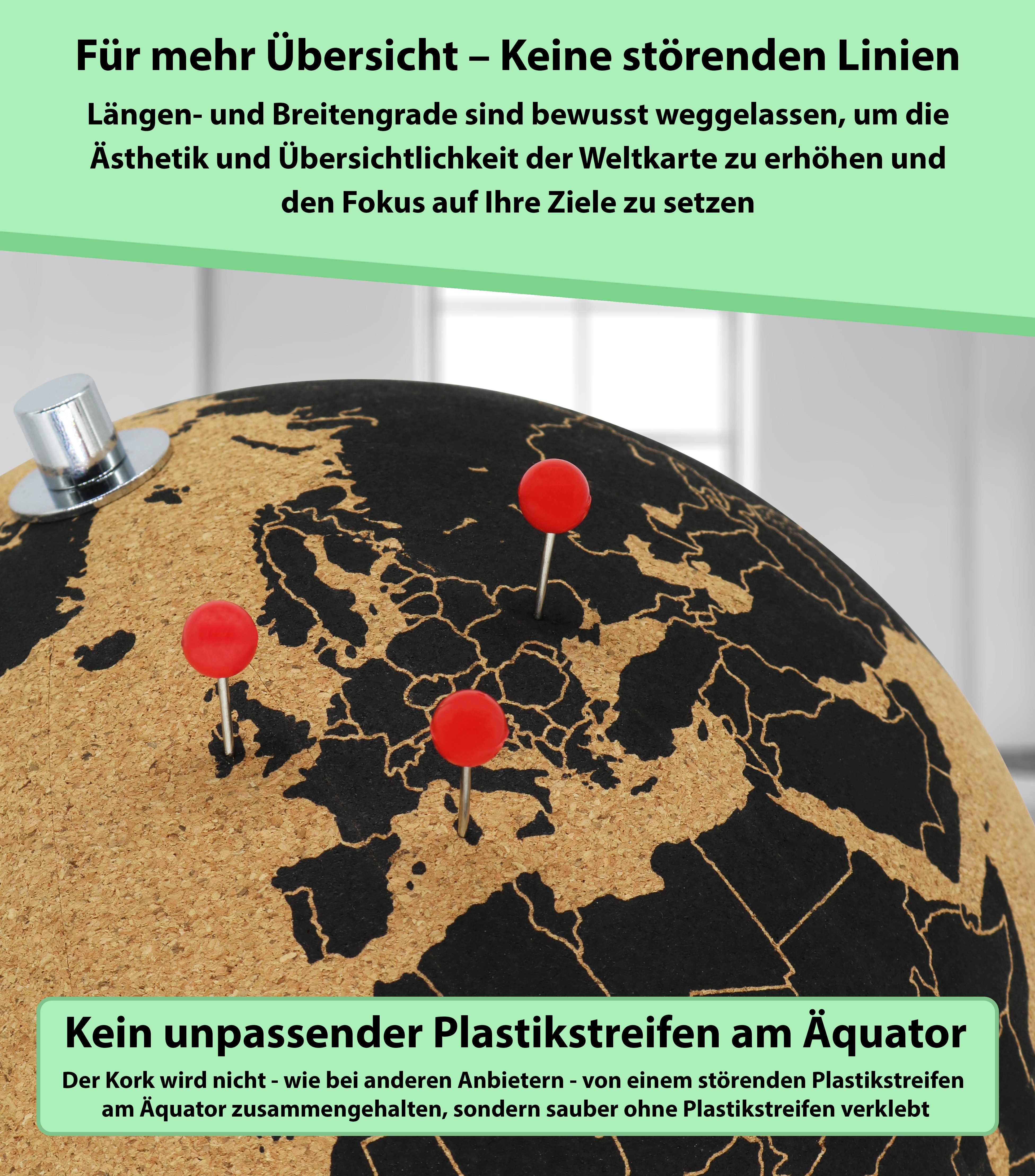 Feinknick Globus Drehbarer Korkglobus mit 54 unterschiedlichen Pinnadeln, Globus aus Kork 25cm hoch als ideale Geschenkidee – Bild 3 von 5