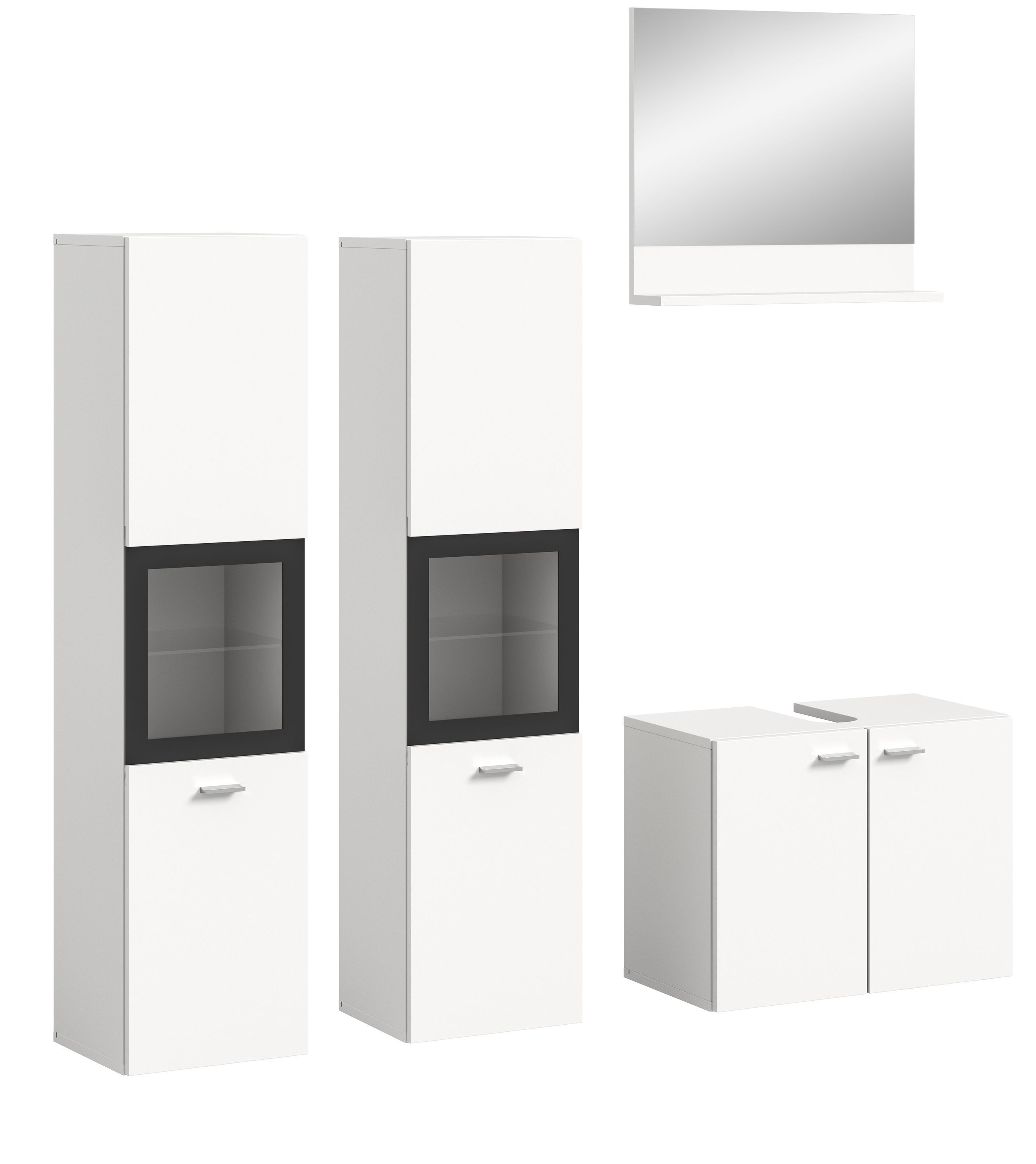 xonox.home Badezimmer-Set Boston/Tampa, (4tlg. Set enthält Waschbeckenunterschrank, Spiegel, 2x Hängeschrank), Weiß Melamin Modern 137x186x33 cm