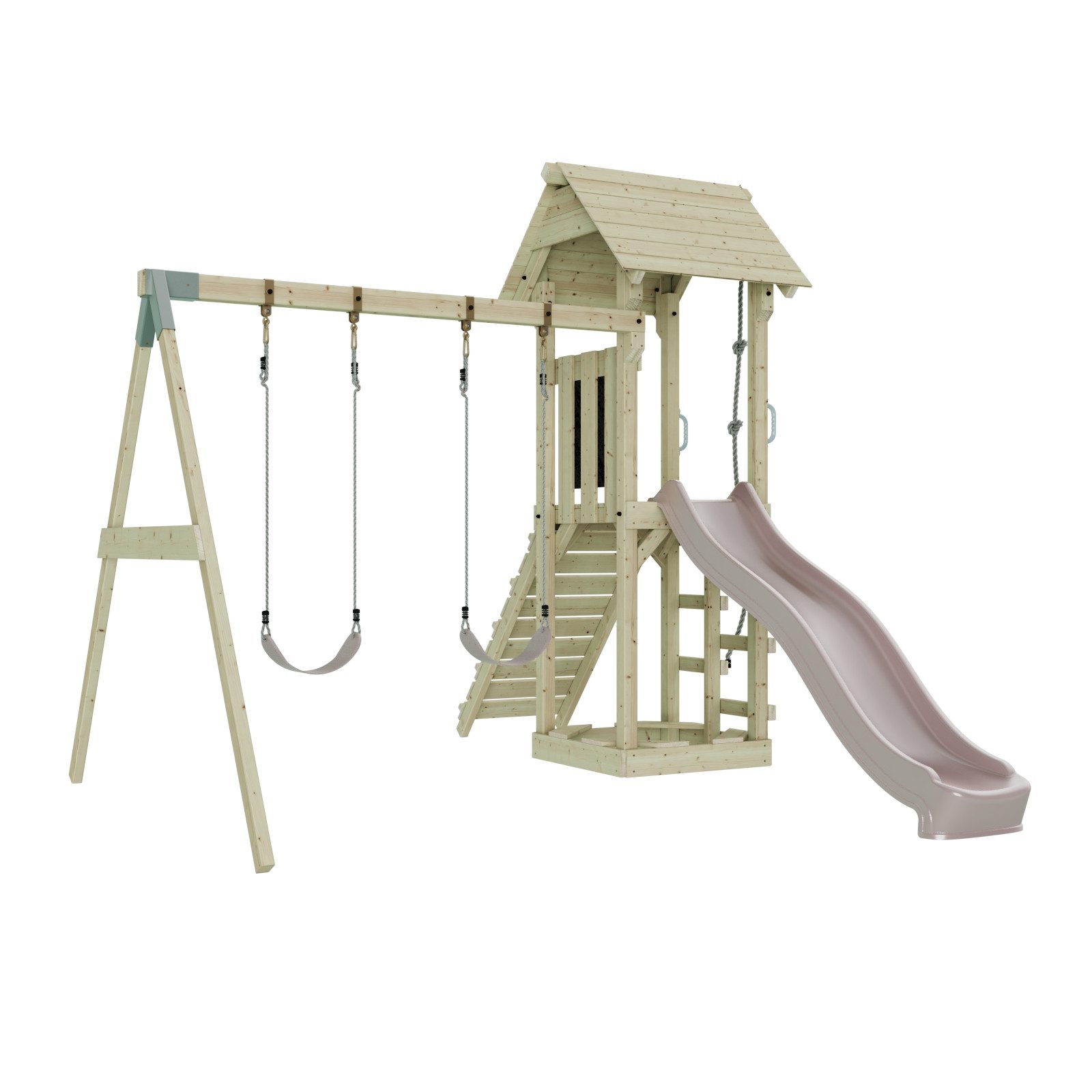 OutdoorToys Spielturm Vimmerby aus Holz in Altrosa mit Kinderschaukel & Rutsche, aus Holz in Altrosa mit Kinderschaukel & Rutsche