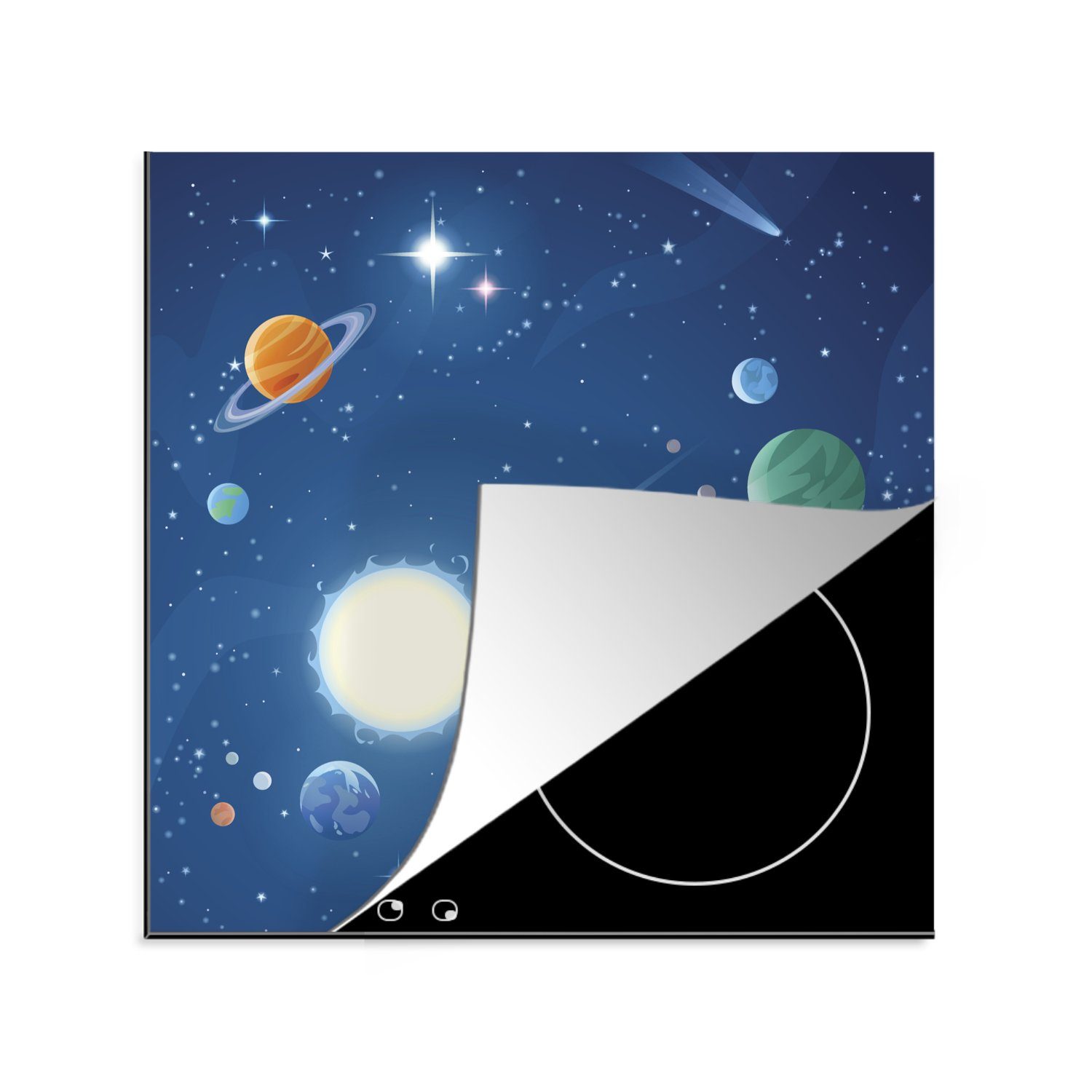 MuchoWow Herdblende-/Abdeckplatte Eine Illustration des mit Planeten gefüllten Weltraums, Vinyl, (1 tlg), 78x78 cm, Ceranfeldabdeckung, Arbeitsplatte für küche