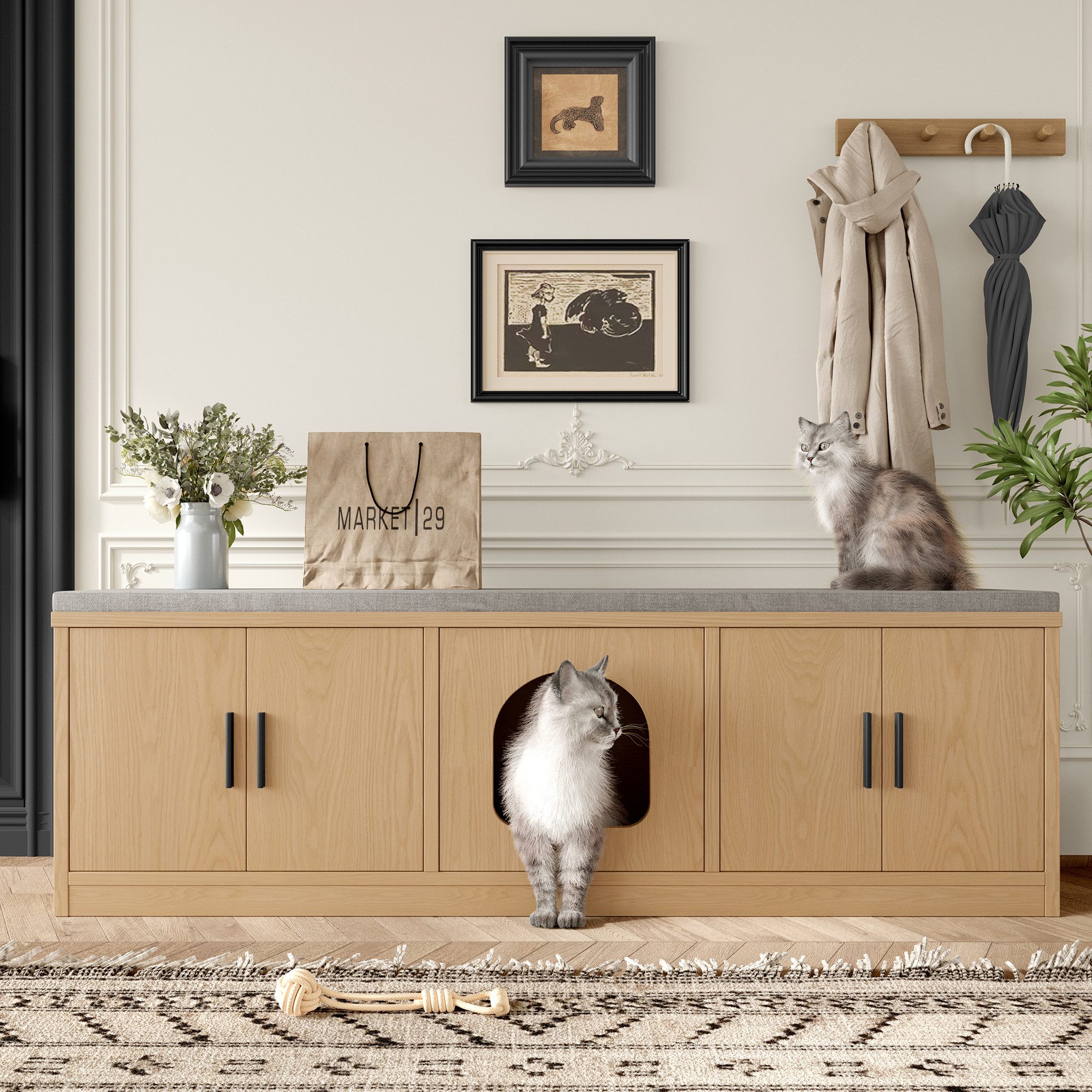 i@home Katzentoilette 4-in-1 Katzenschrank 140×40×45 cm, Verstecktes Katzenklo, Schuhschrank, Kratzmatte & Sitzbank, Belüftung