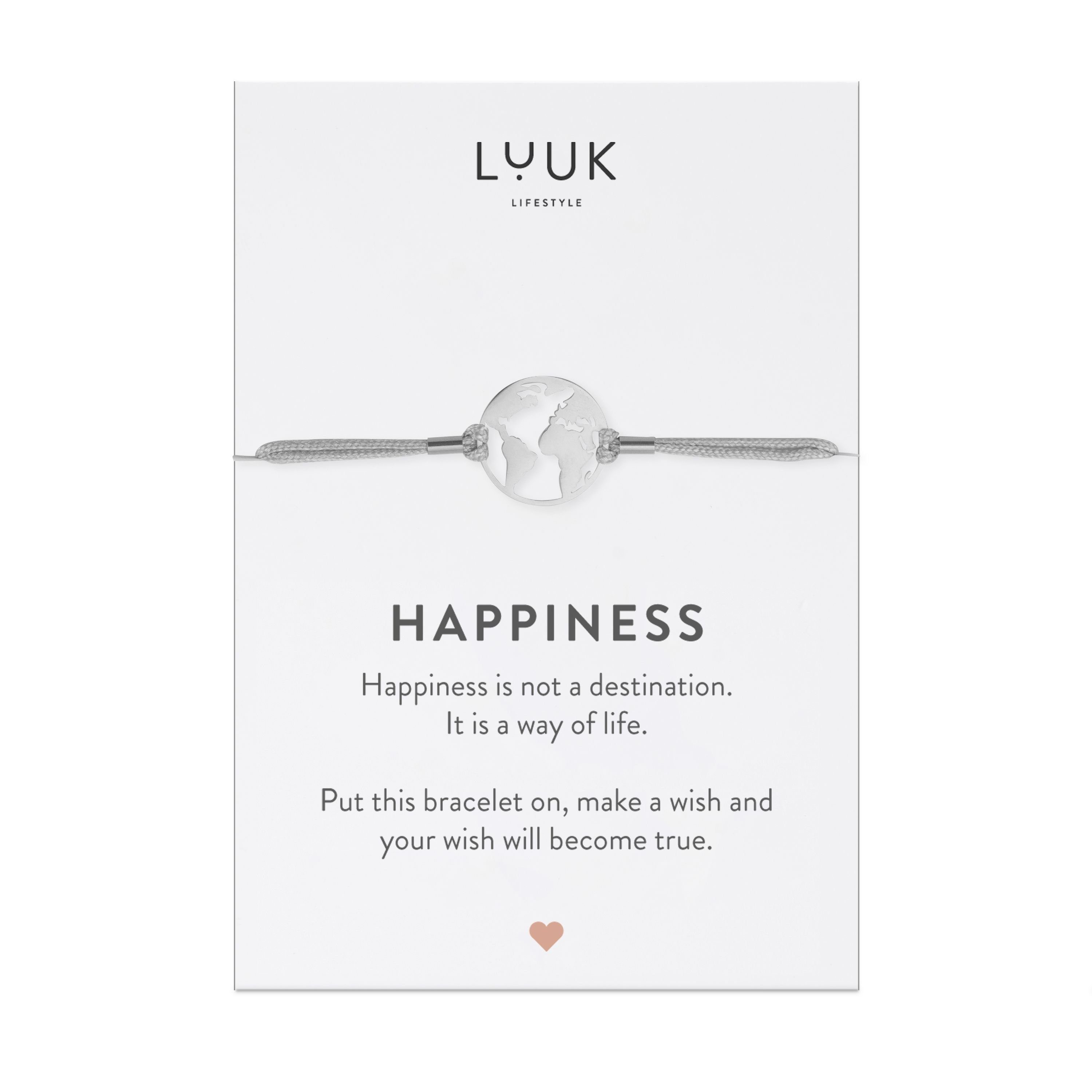 LUUK LIFESTYLE Freundschaftsarmband Weltkugel, handmade, mit Happiness Spruchkarte Silber