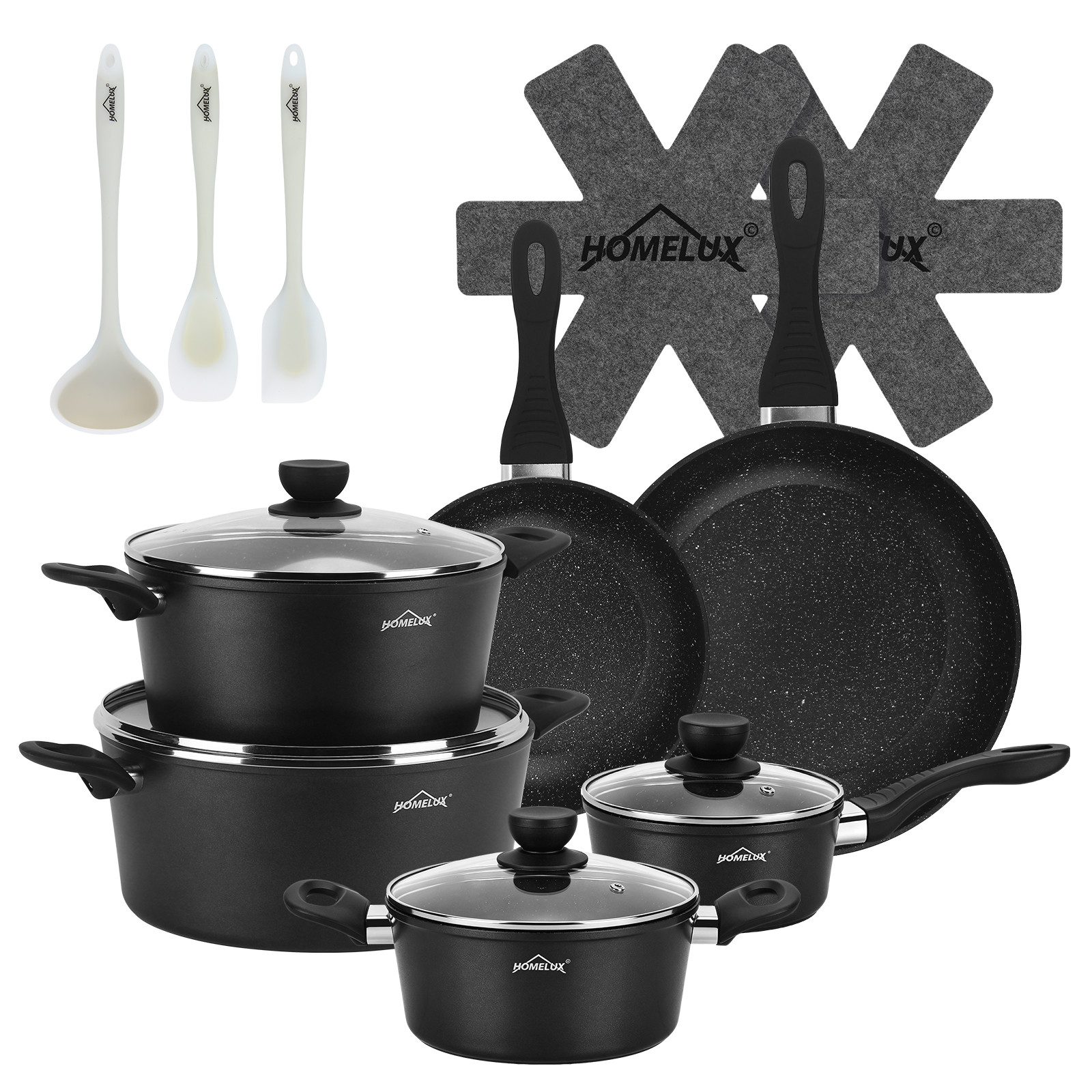 HOMELUX Topf-Set Induktions Töpfe Set Classic Antihaftbeschichtung Kochtopfset, Aluminium (Kochgeschirr-Set, 15-tlg., 3x Kochtopf, 2x Bratpfanne,1x Saucentopf,4x Glasdeckel,5x Zubehör), Induktionsgeeignet