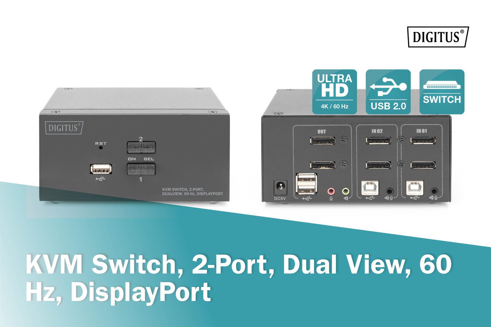 Digitus KVM-Switch, 2 Port, Dual Display, 4K, DisplayPort® Adapter