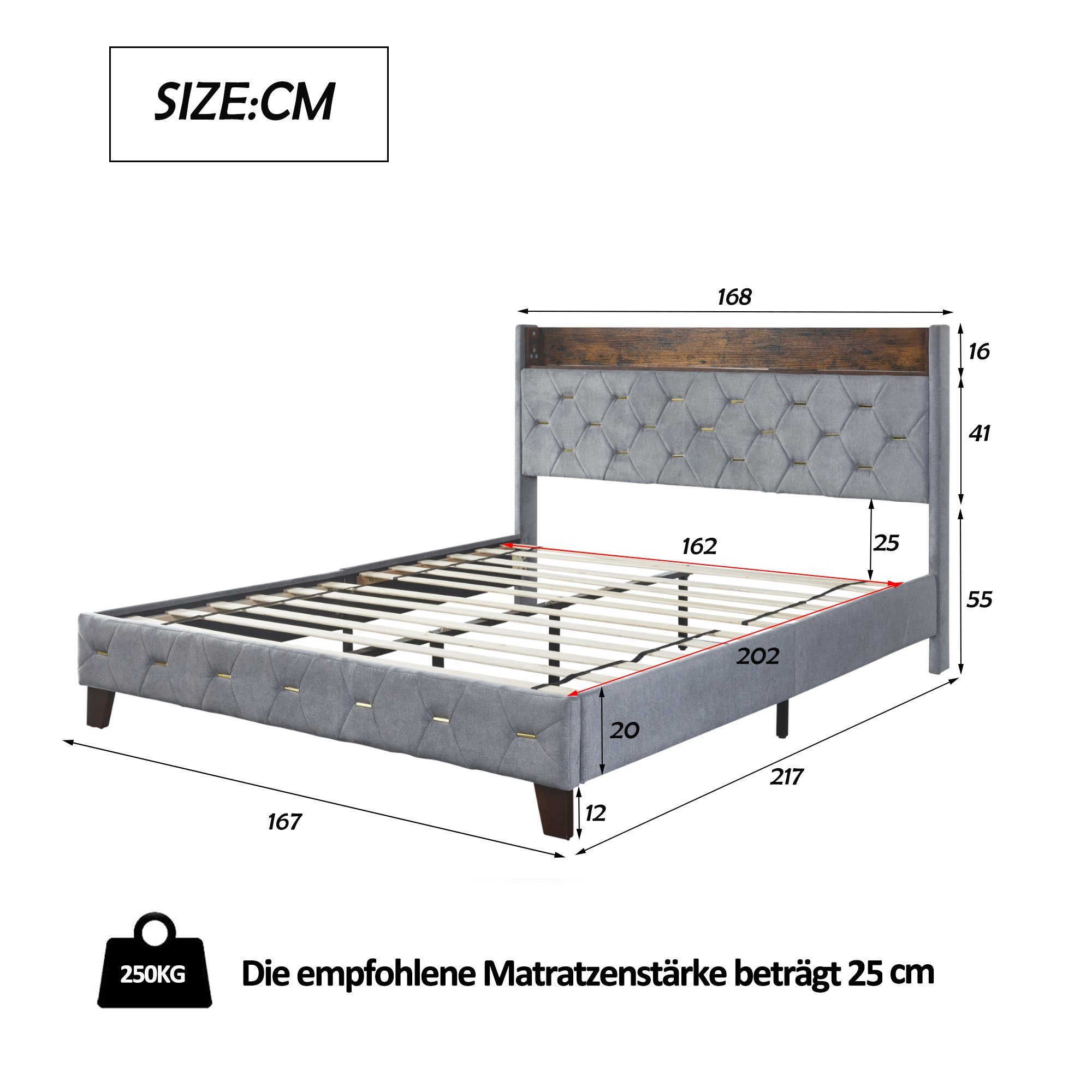 Polsterbett (Doppelbett 160x200cm mit Lattenrost), mit Stauraum am Kopfteil und USB-Anschluss, Bezug aus Samt