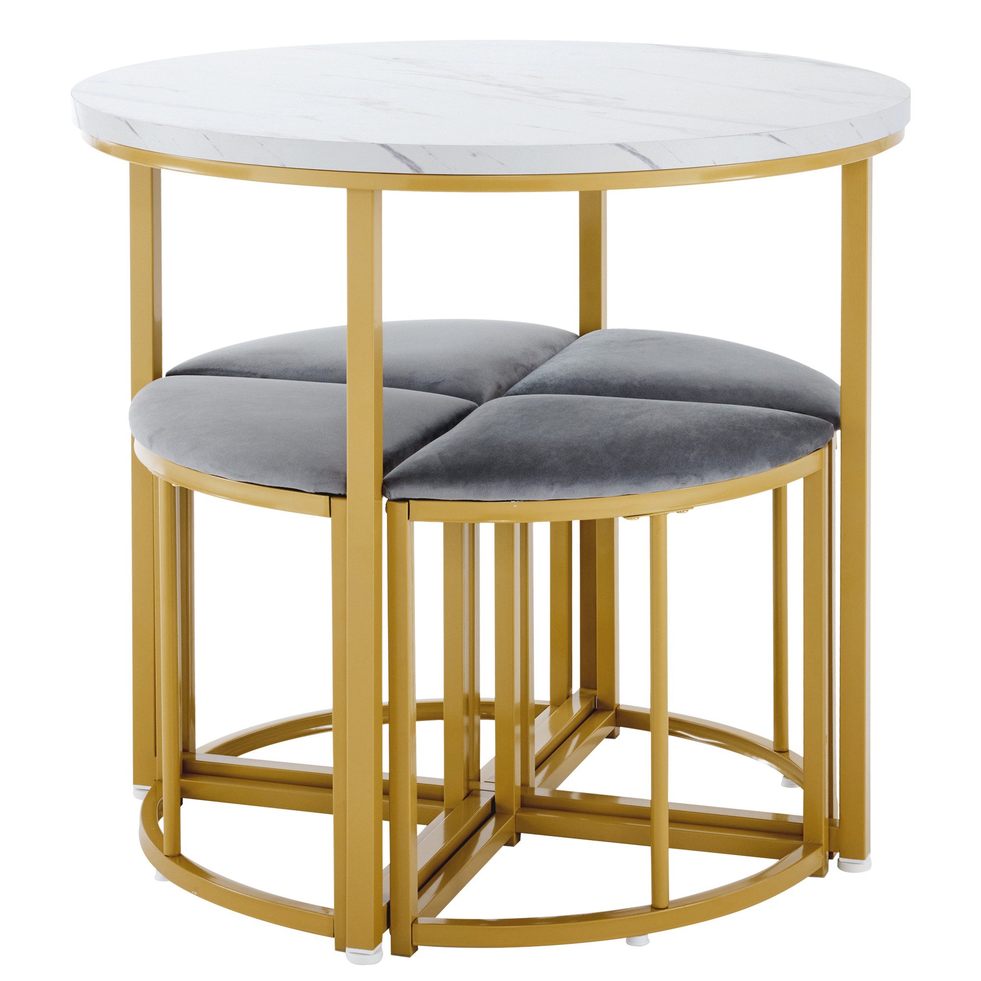 TavilaEcon Essgruppe Esszimmertisch-Set mit vier Stühlen, MDF-Tischplatte, (5-tlg), rund Esstisch, 4 kleinen Hockers – Bild 3 von 5