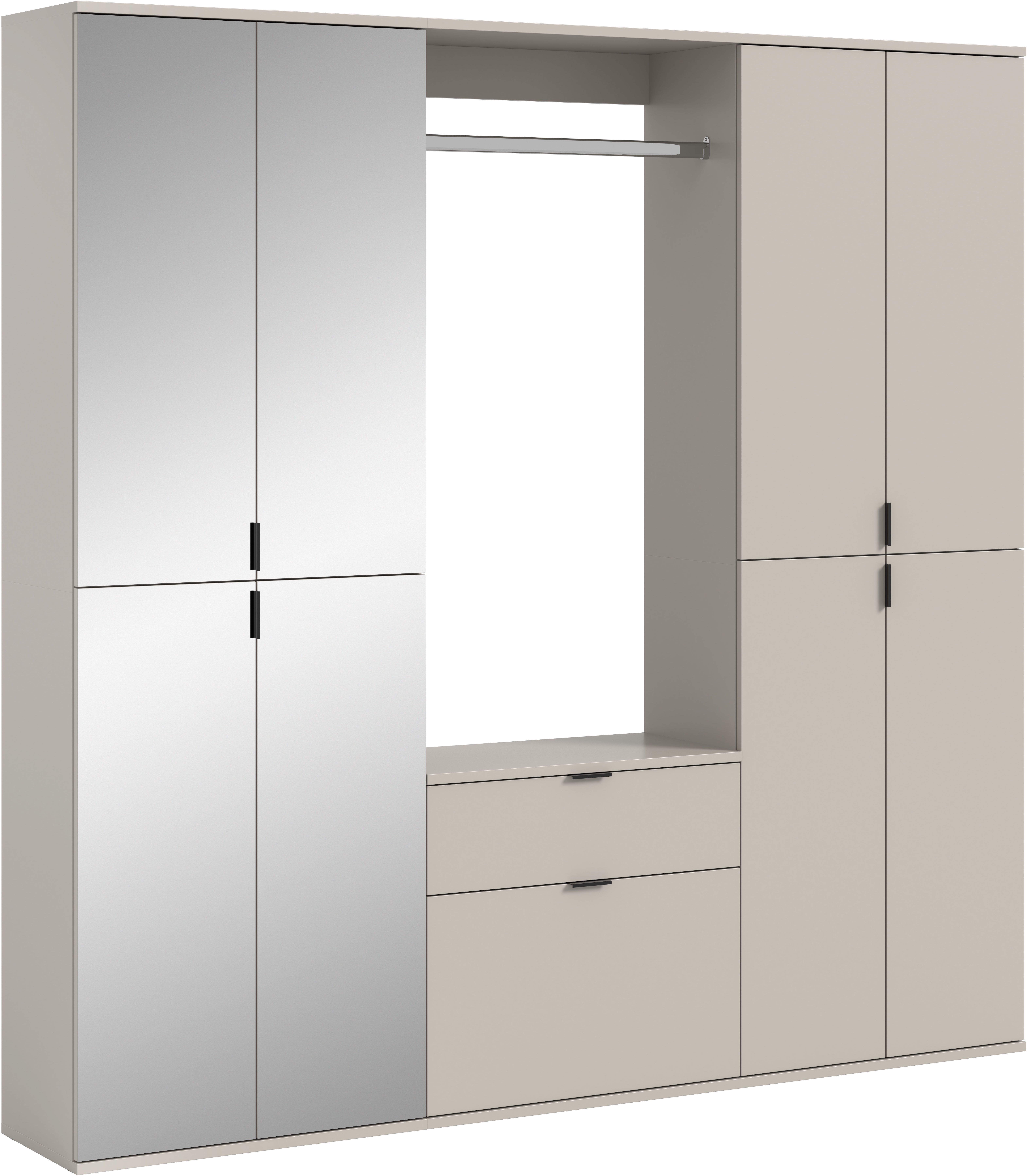 Home affaire Garderoben-Set TRONDHEIM, 5-teilig, Breite 183cm, individuell platzier- & erweiterbar, (Set, 4-St., bestehend aus: 2x Garderobenschrank breit & 3-tlgs. Zwischenbauelement), Garderobenschrank, Kleiderschrank, Schrankkombination, Garderobe