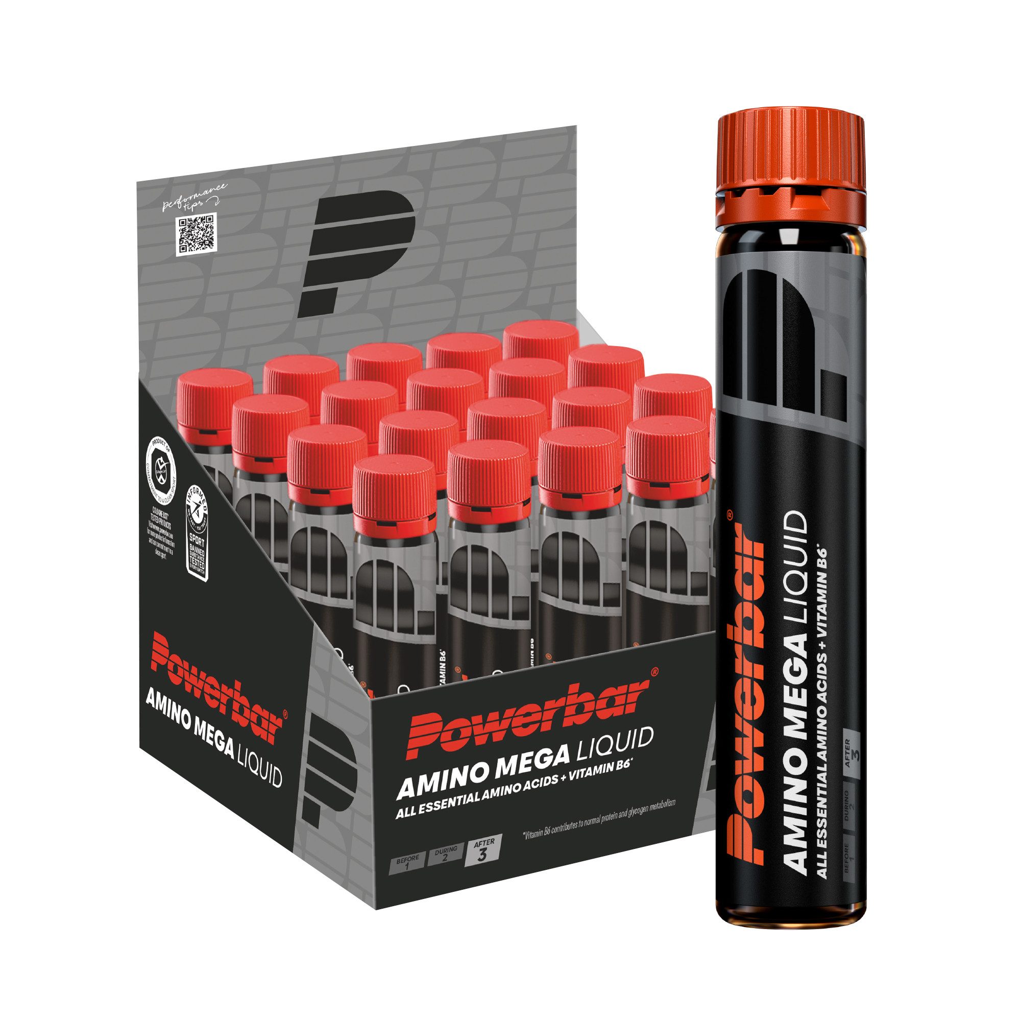 PowerBar Amino Mega Liquid Black Line essenzielle Aminosäuren BCAAs B6 20x 25ml Shot, 24 er Display à 500 ml, Hochwertiges Molkeneiweißhydrolysat