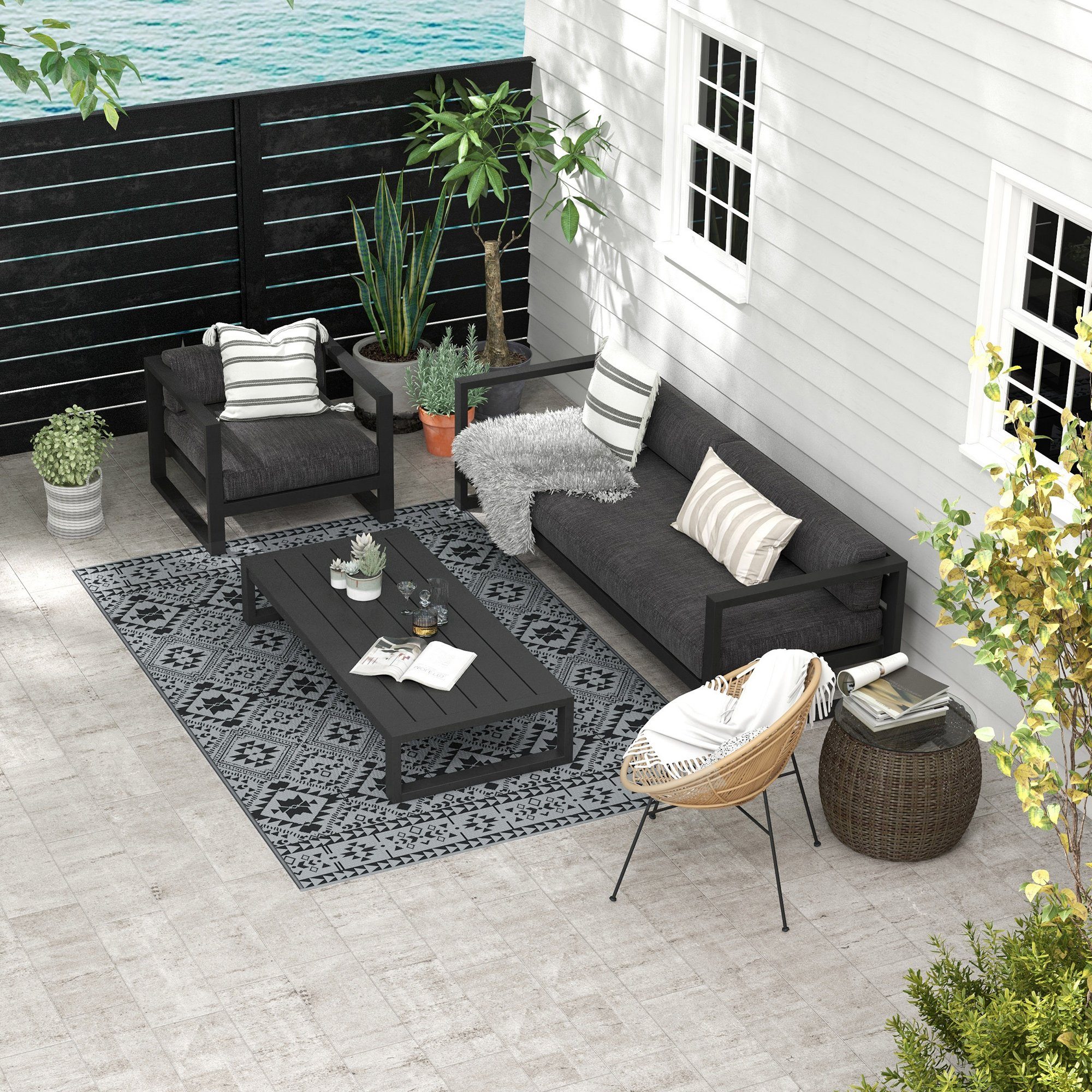 Outsunny Outdoorteppich Kunststoffteppich Wasserabweisender Wendeteppich, R günstig online kaufen