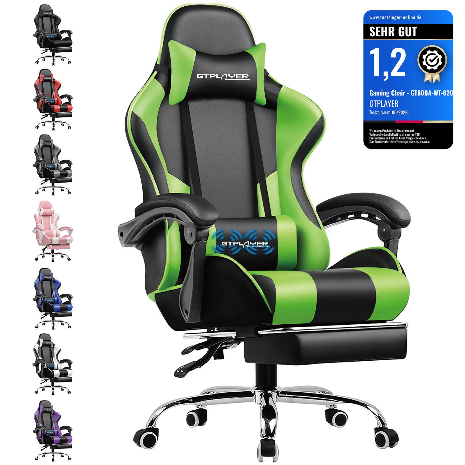 GTPLAYER Gaming-Stuhl Bürostuhl mit Massagefunktion, Fußstütze, Kopfstütze (Packung), Ergonomischer Gamer Stuhl Maximale Belastung 150 kg, 360° drehbar