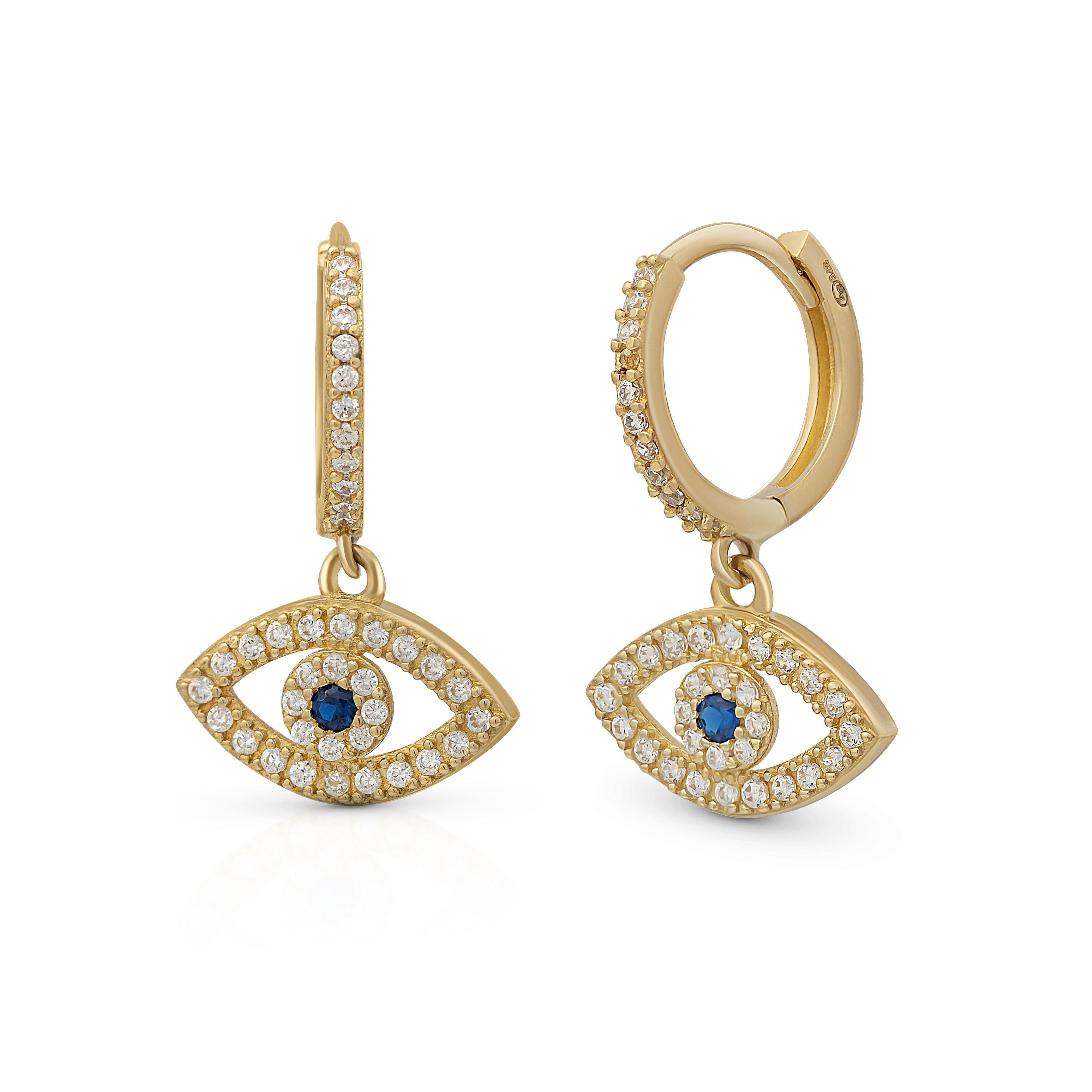 Valentinstagsgeschenk Suzan Gold Creolen-Set Evil Eye Creolen Echtgold Ohrringe mit Schutzsymbol & blauen Steinen, Gelbgold 375, Zirkonia-Stein
